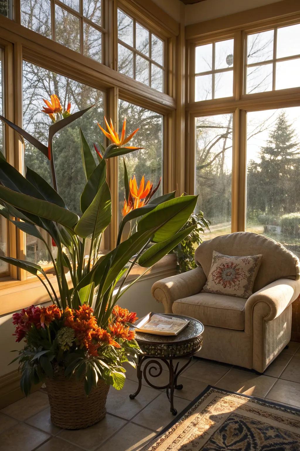 A Bird of Paradise in full bloom, catching the sun in a bright sunroom.