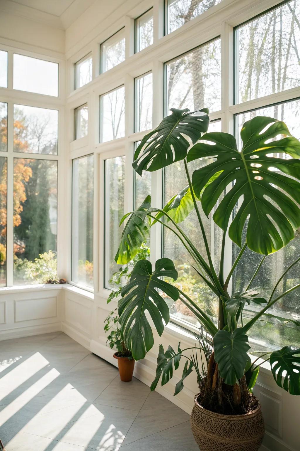 A Monstera plant flourishing in a light-filled sunroom.