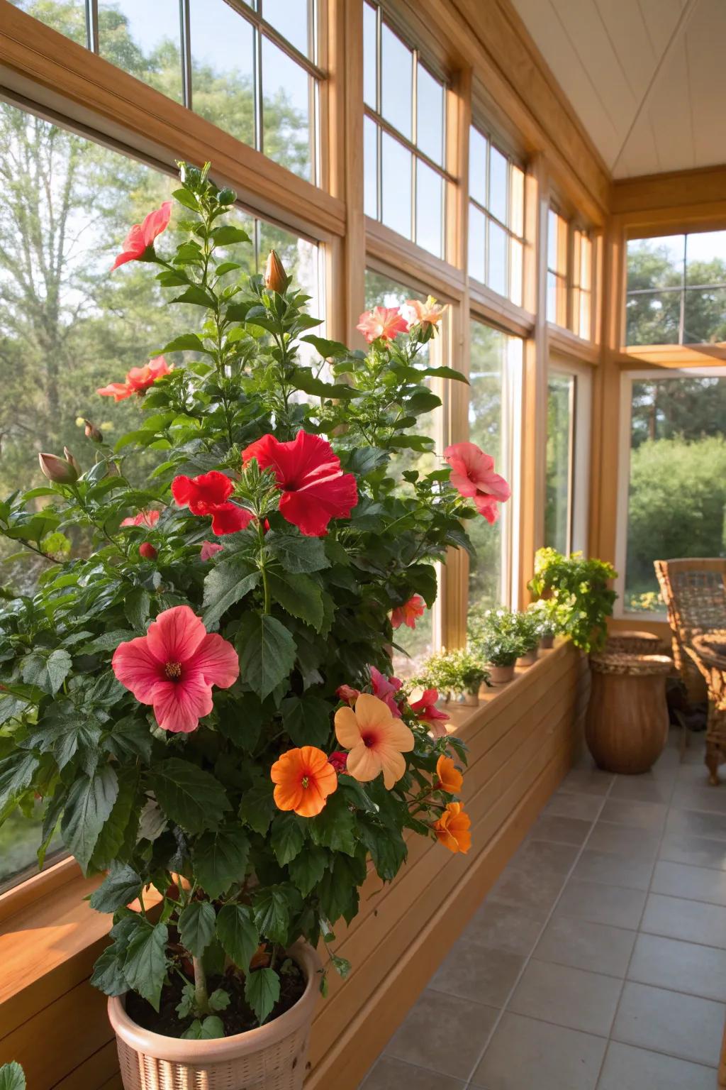A hibiscus plant in full bloom, adding color and charm to the sunroom.
