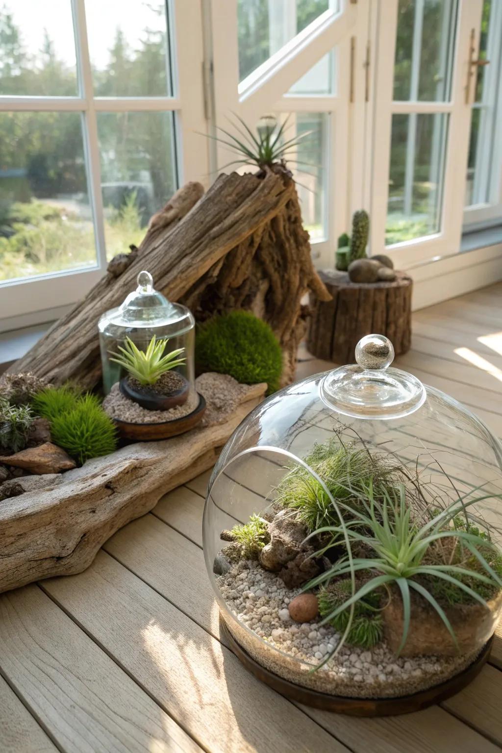 Artistic display of air plants in a sunroom, using driftwood and glass terrariums.