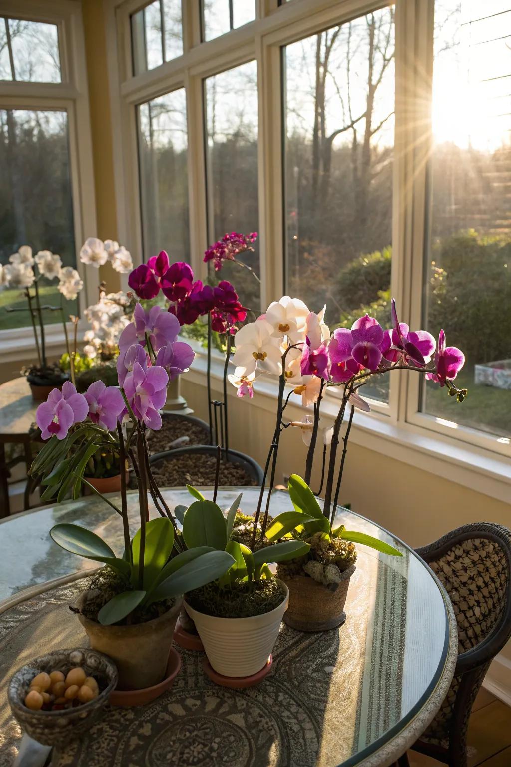 Orchids showcasing their delicate beauty in a sunroom setting.