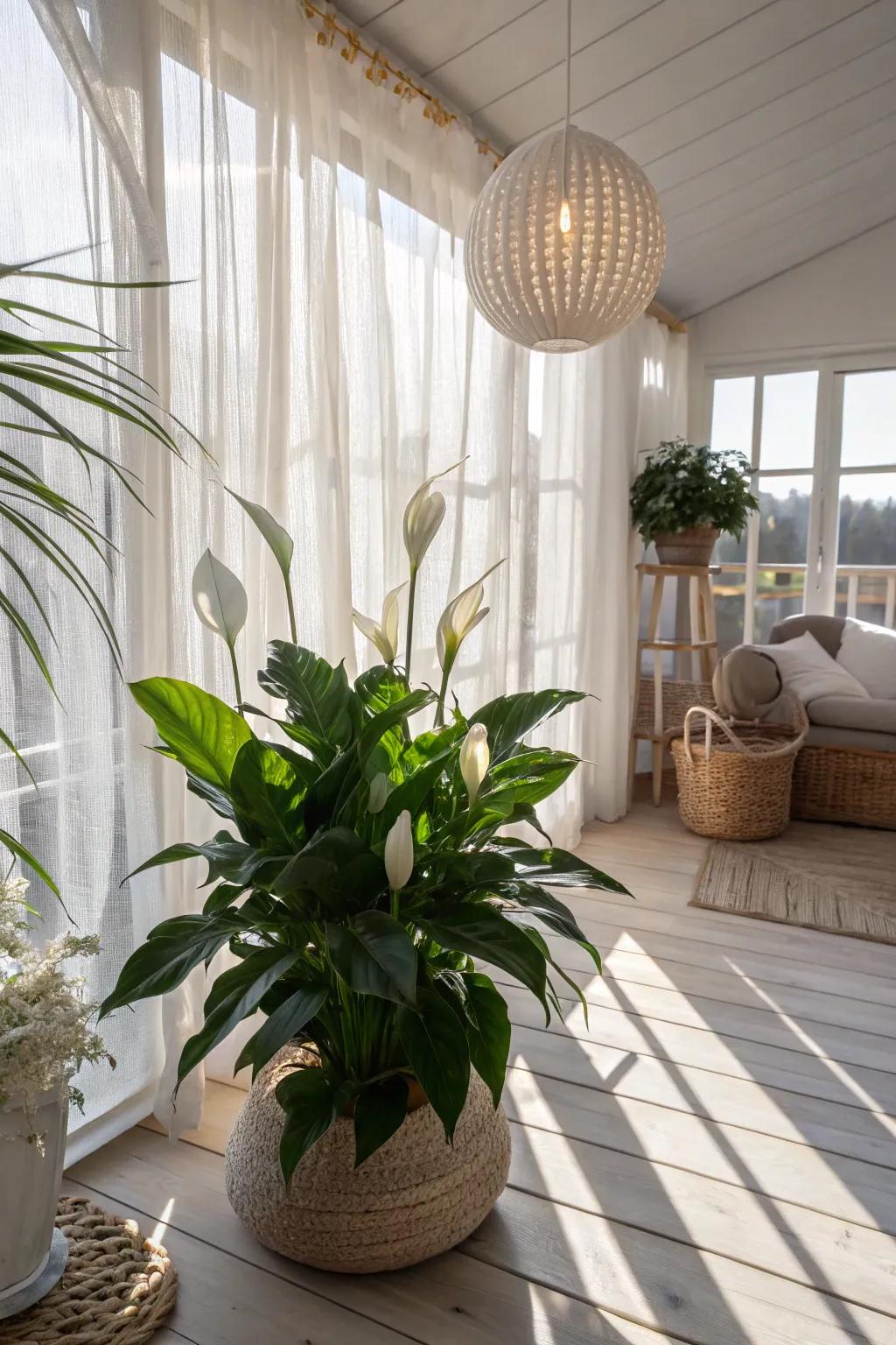 A peace lily enhancing the tranquility of a sunroom with its elegant blooms.