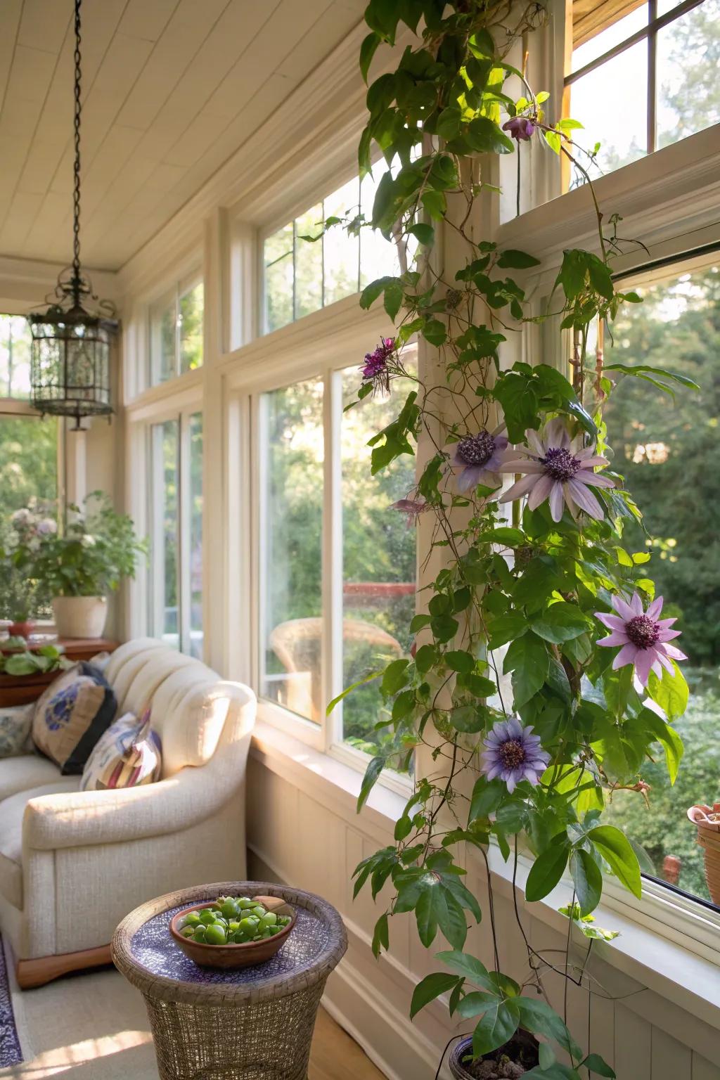 A passion flower vine bringing exotic beauty to a sunroom.