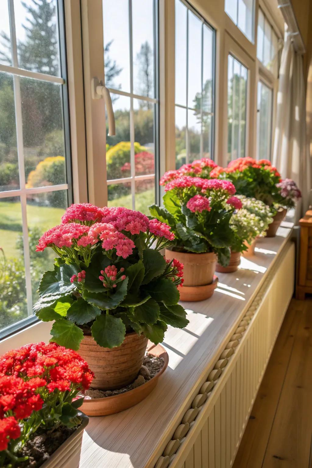 Kalanchoe plants adding a burst of color to a sunroom windowsill.