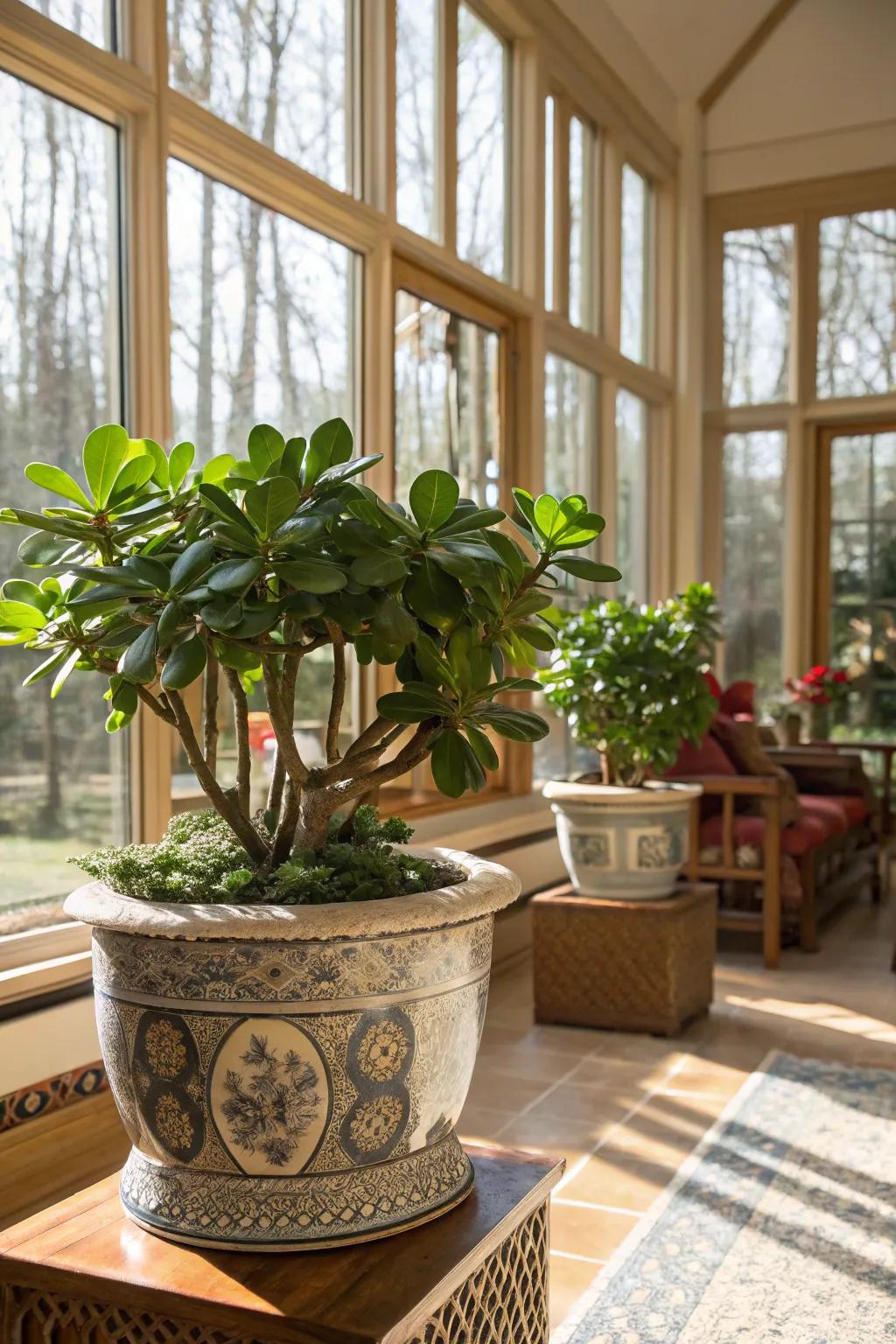 Jade plants symbolizing prosperity in a sunroom setting.