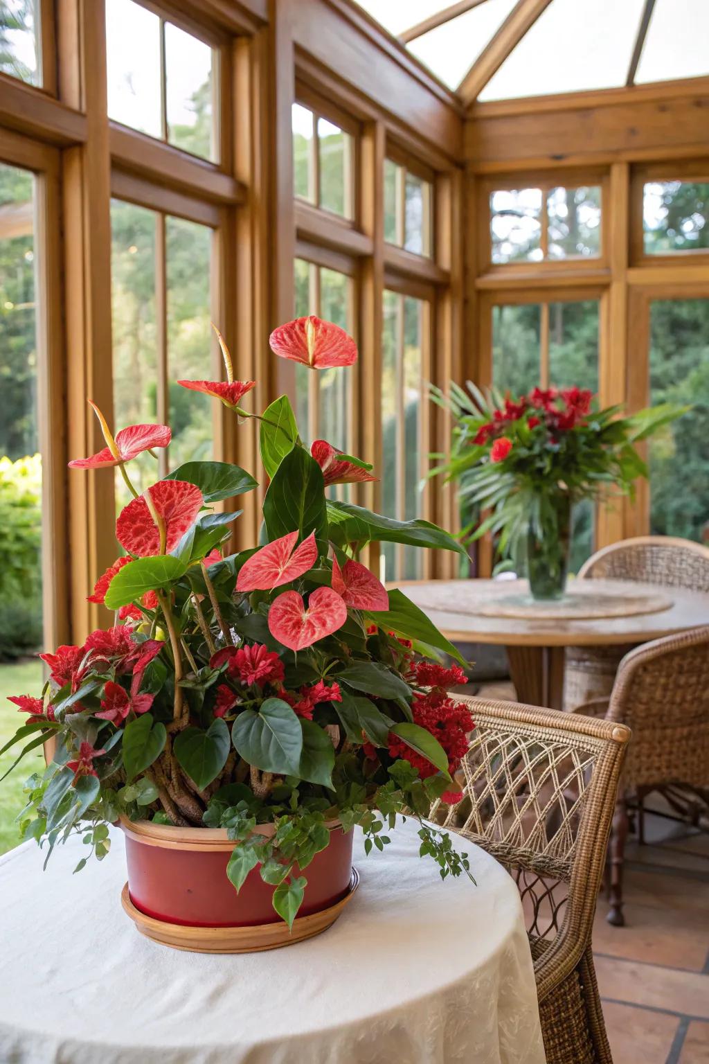 Flamingo flowers adding a touch of elegance to a sunroom.