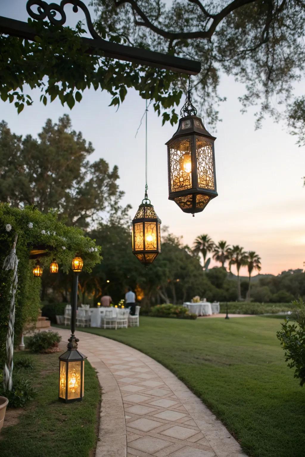 Hanging lanterns add a charming glow to the outdoor ambiance.
