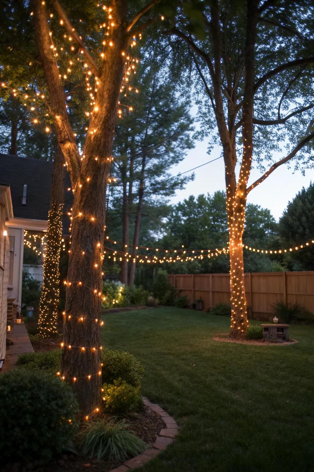 Fairy lights transform trees into enchanting focal points.