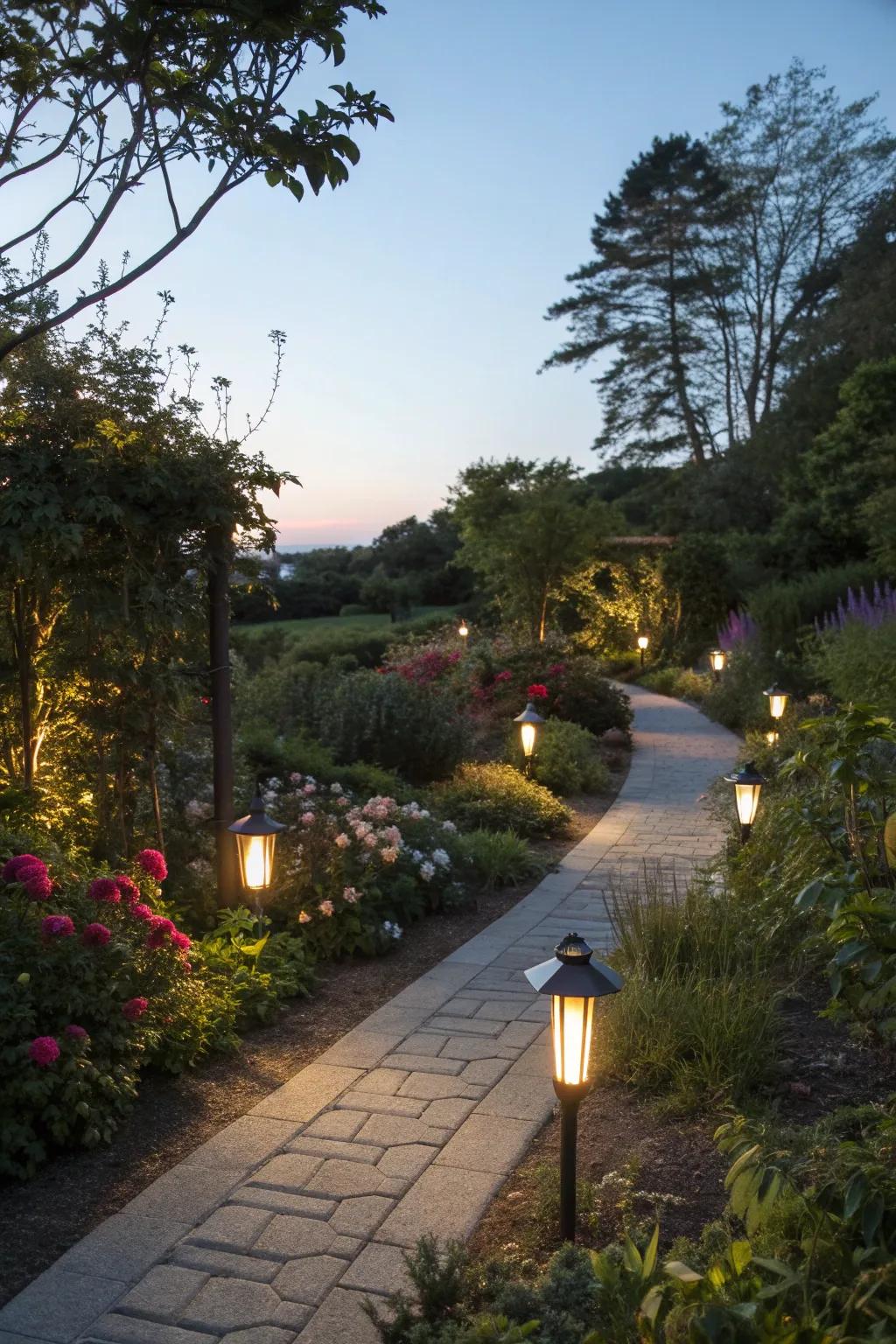 Solar-powered lights subtly illuminate a charming garden path.
