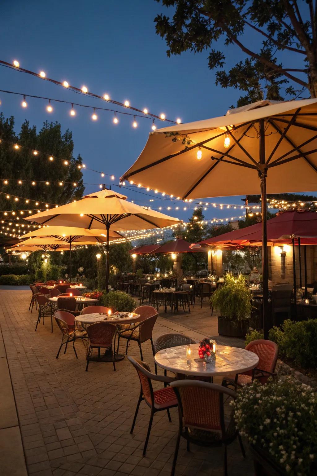 Lighted patio umbrellas add festivity to outdoor dining.