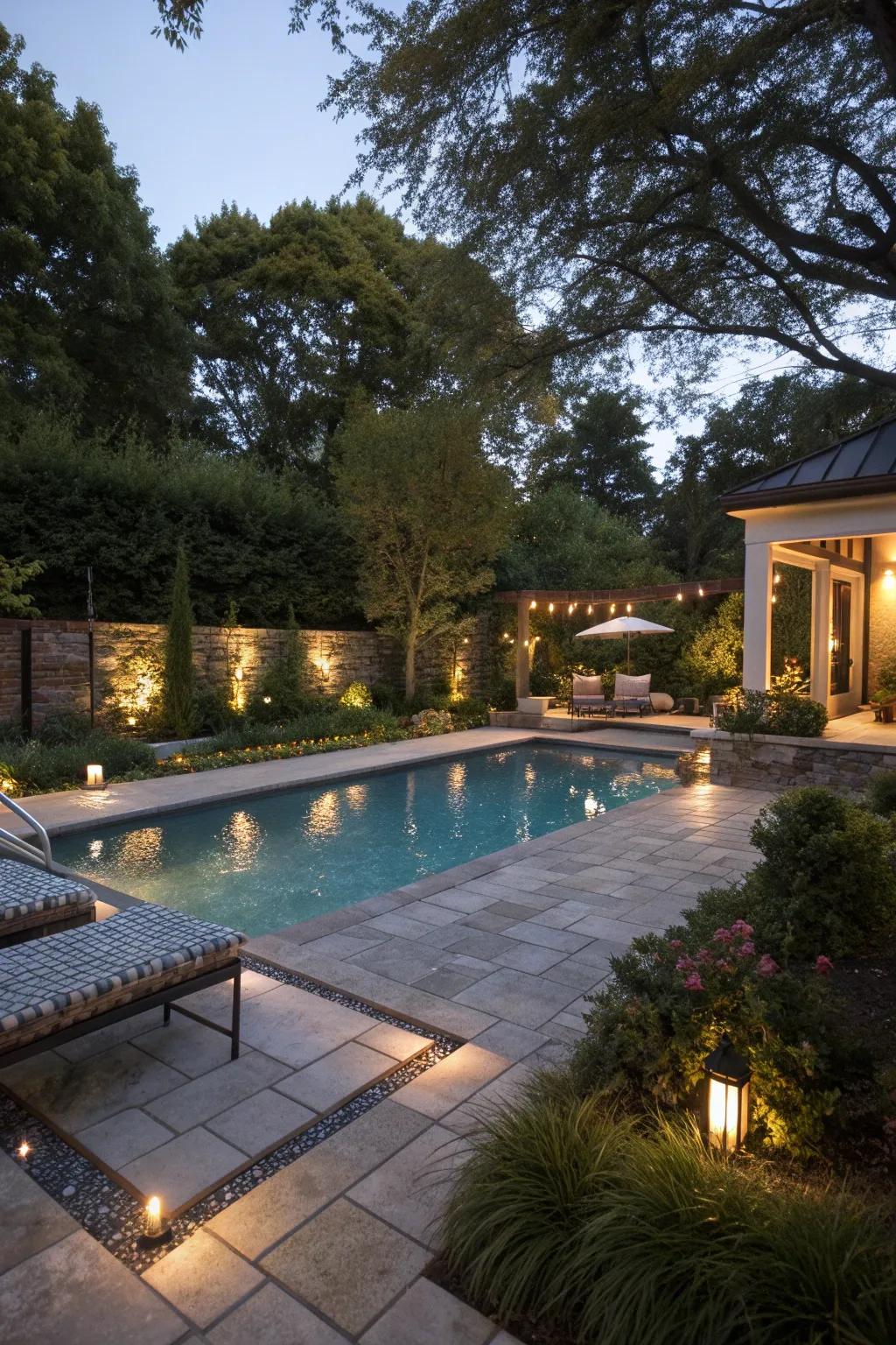 Poolside lighting creates an inviting atmosphere for nighttime relaxation.