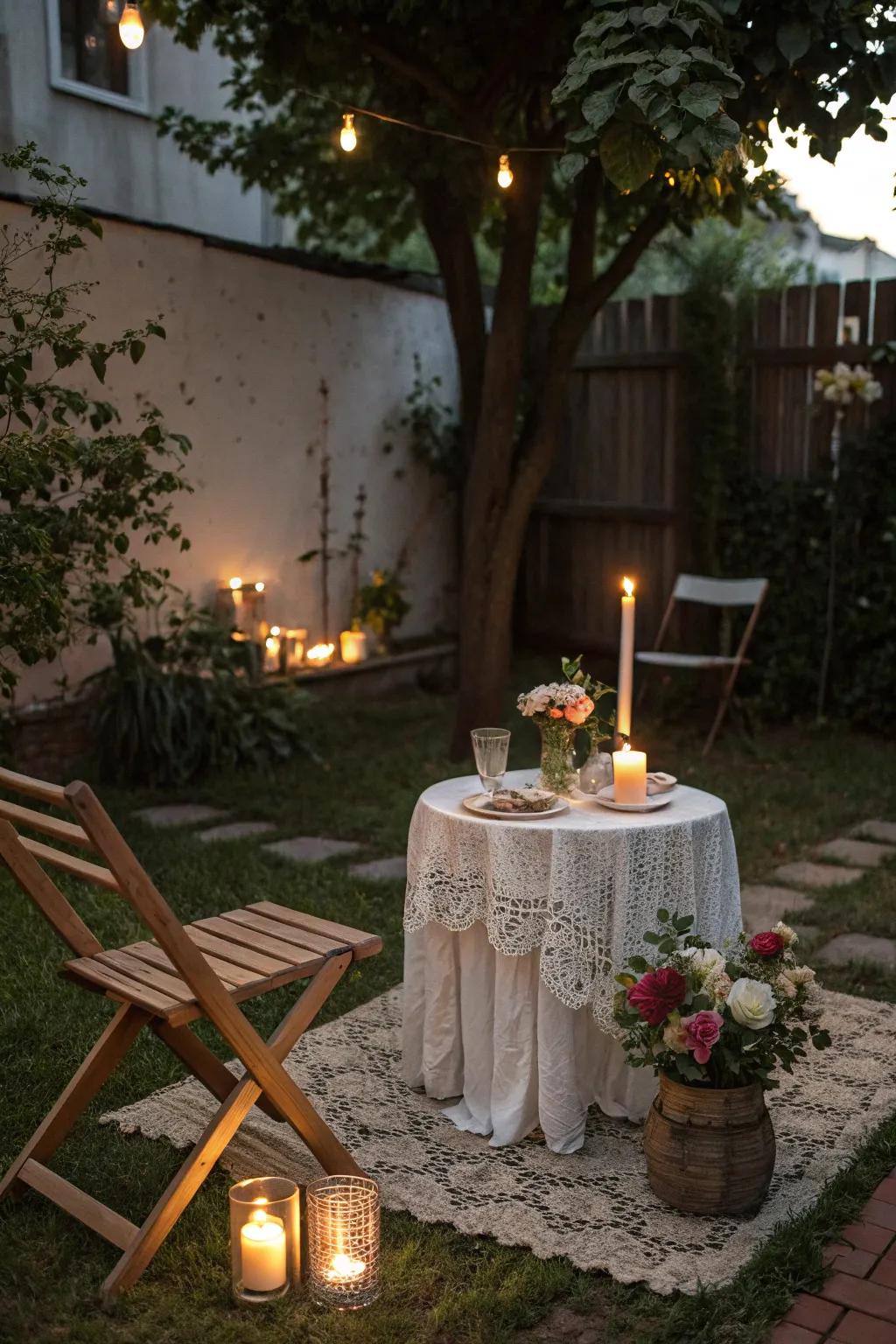 Candles cast a warm, intimate aura over the backyard.