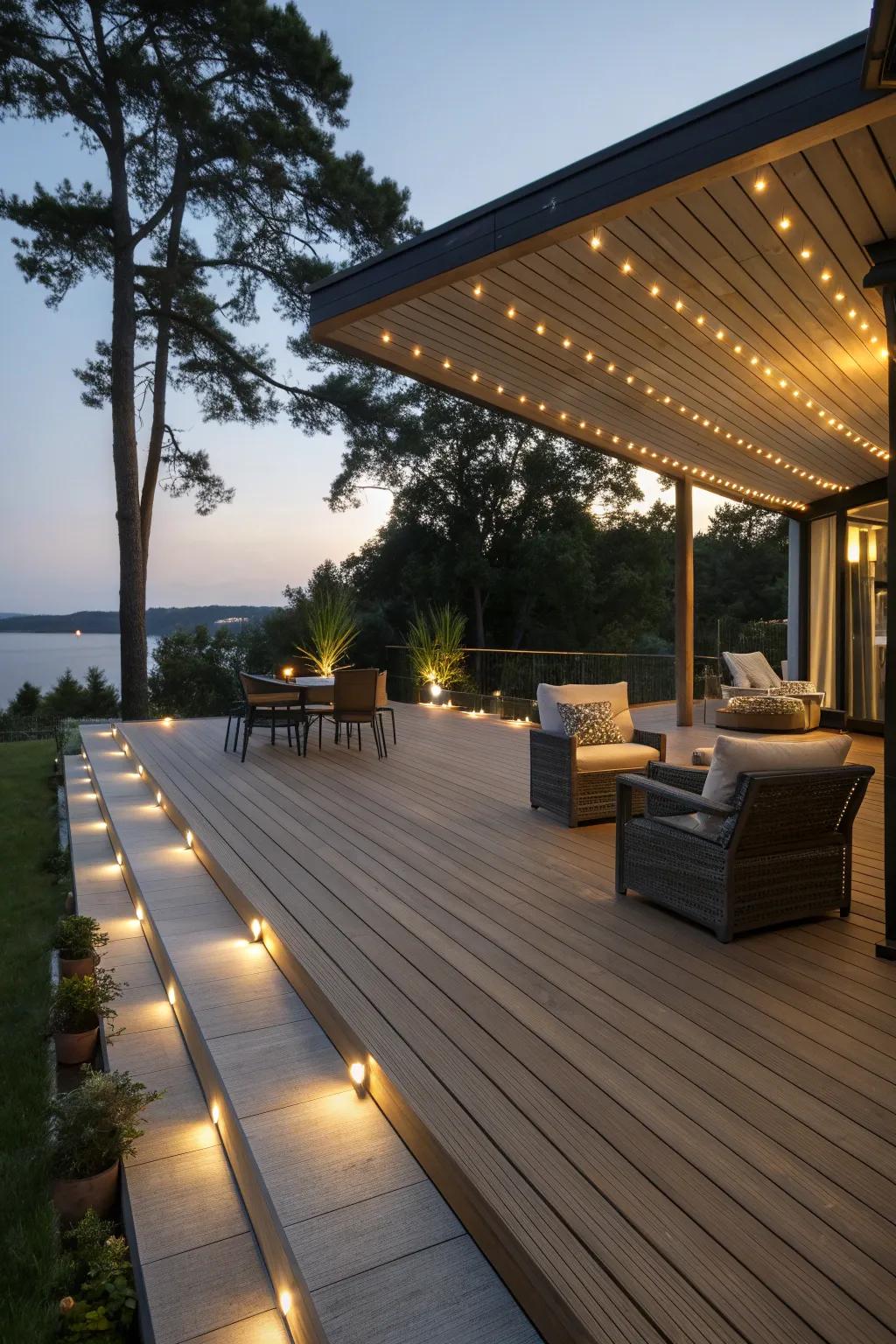 LED lights elegantly enhance the architectural lines of the deck.