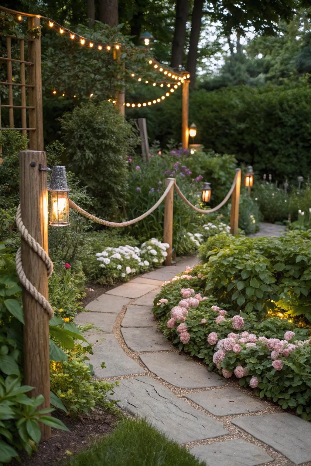 Rope lights add subtle highlights to garden features and seating.