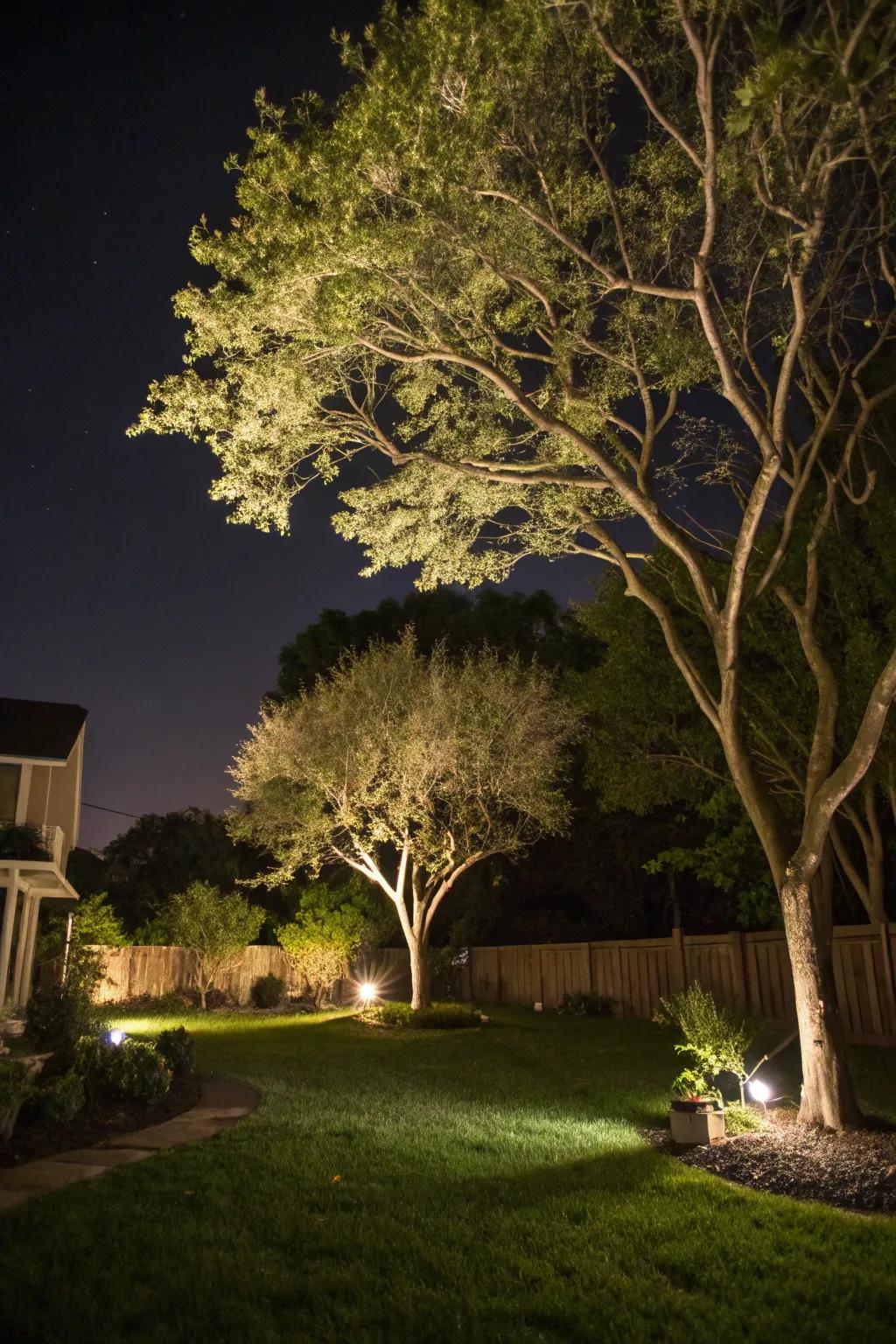 Spotlights bring out the natural beauty of backyard trees.