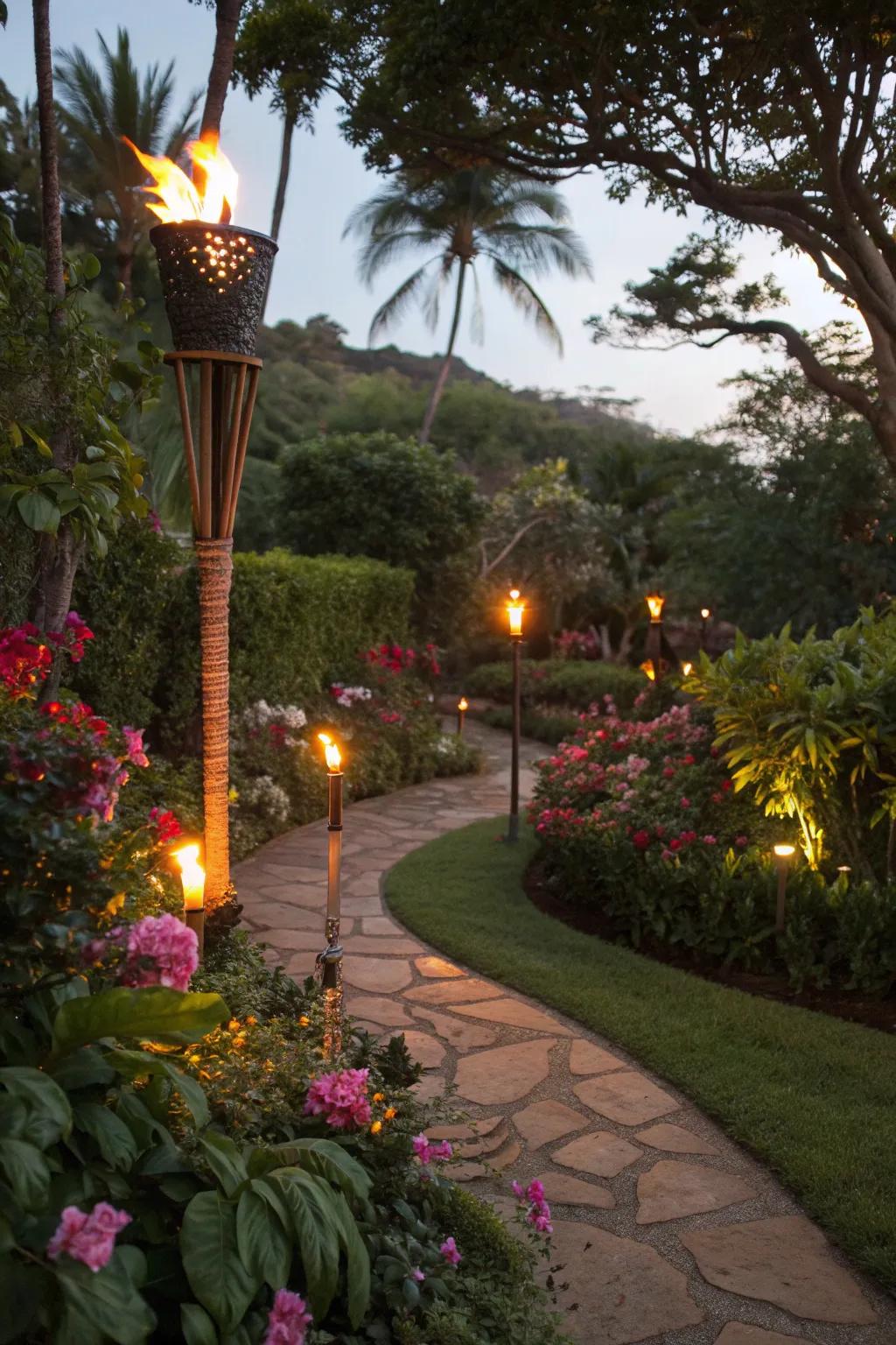 Torches offer a warm, exotic ambiance to garden settings.