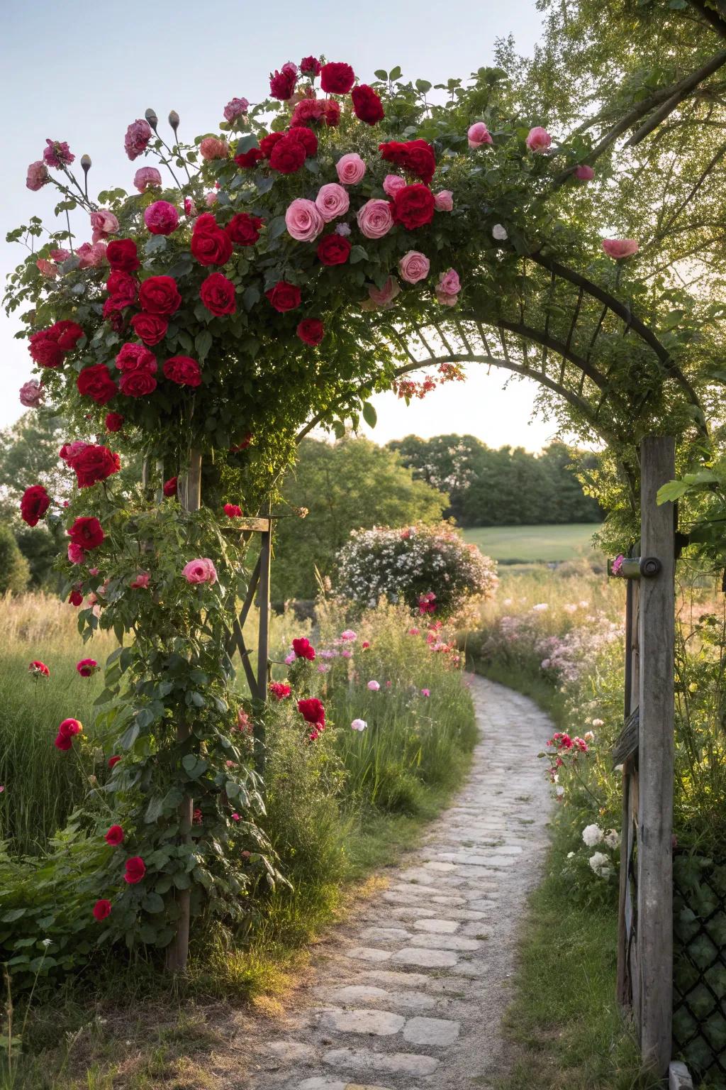 A garden archway draped with blooming roses.