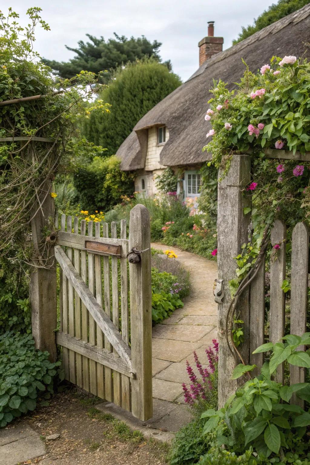 A wooden fence and gate add a nostalgic feel to the garden.