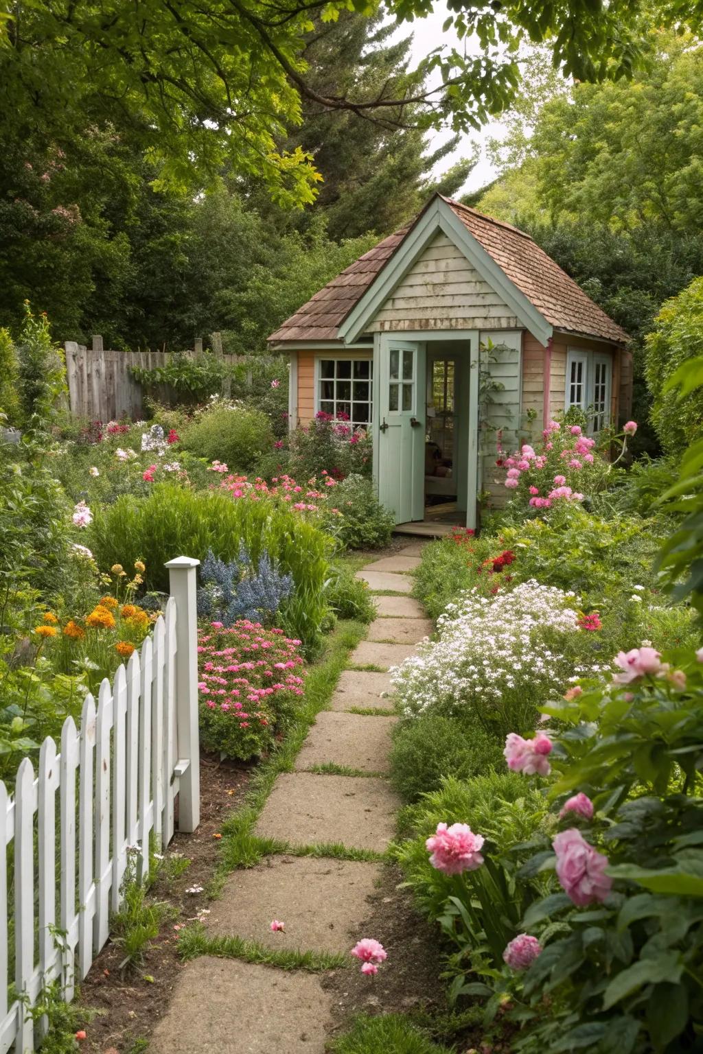 A charming shed adds a rustic touch to the garden.