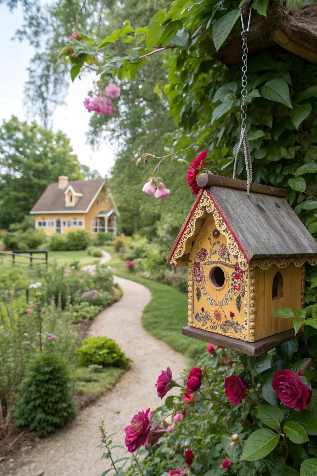 A whimsical birdhouse adds charm to the garden.