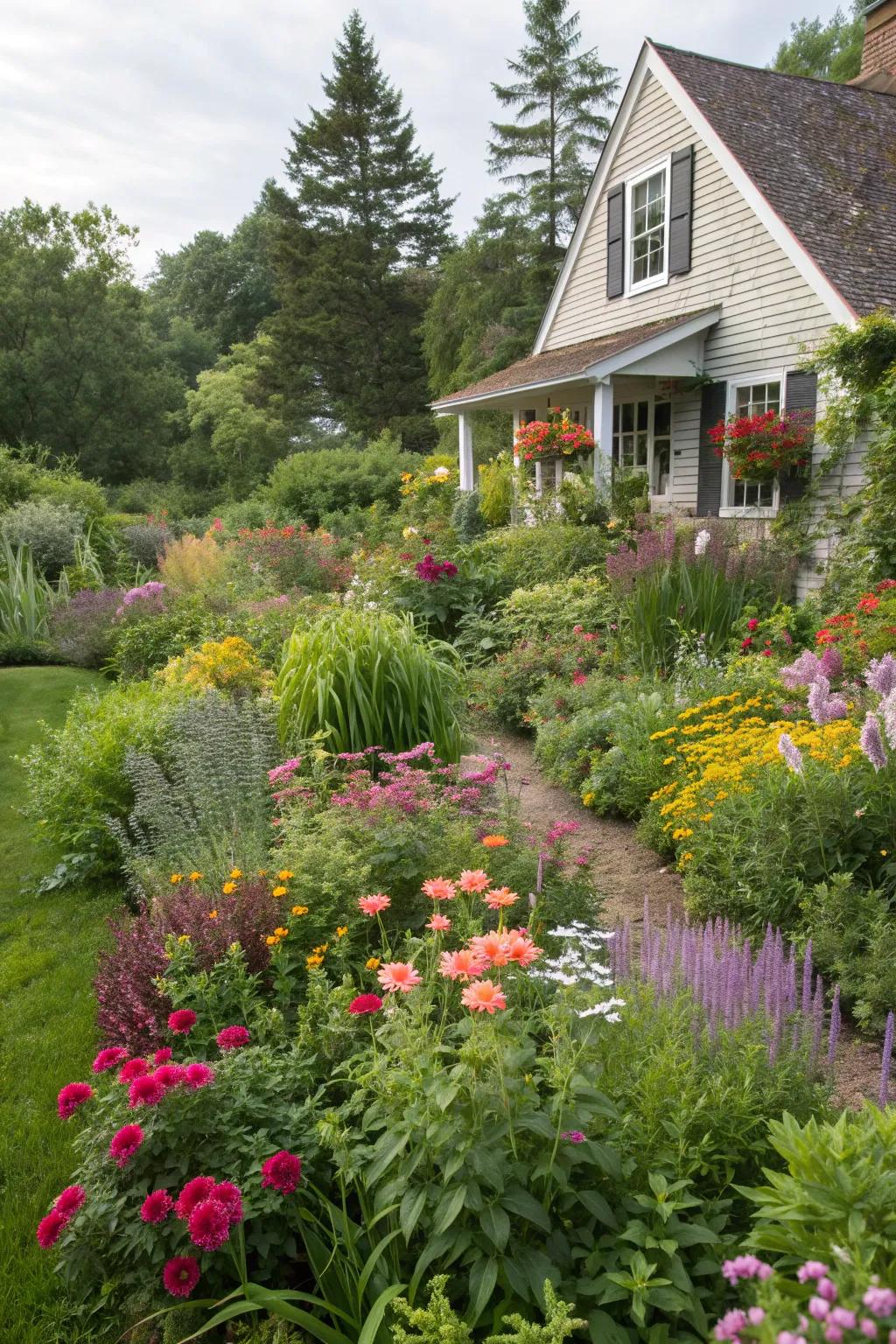 A diverse mix of plants creates a lush garden scene.