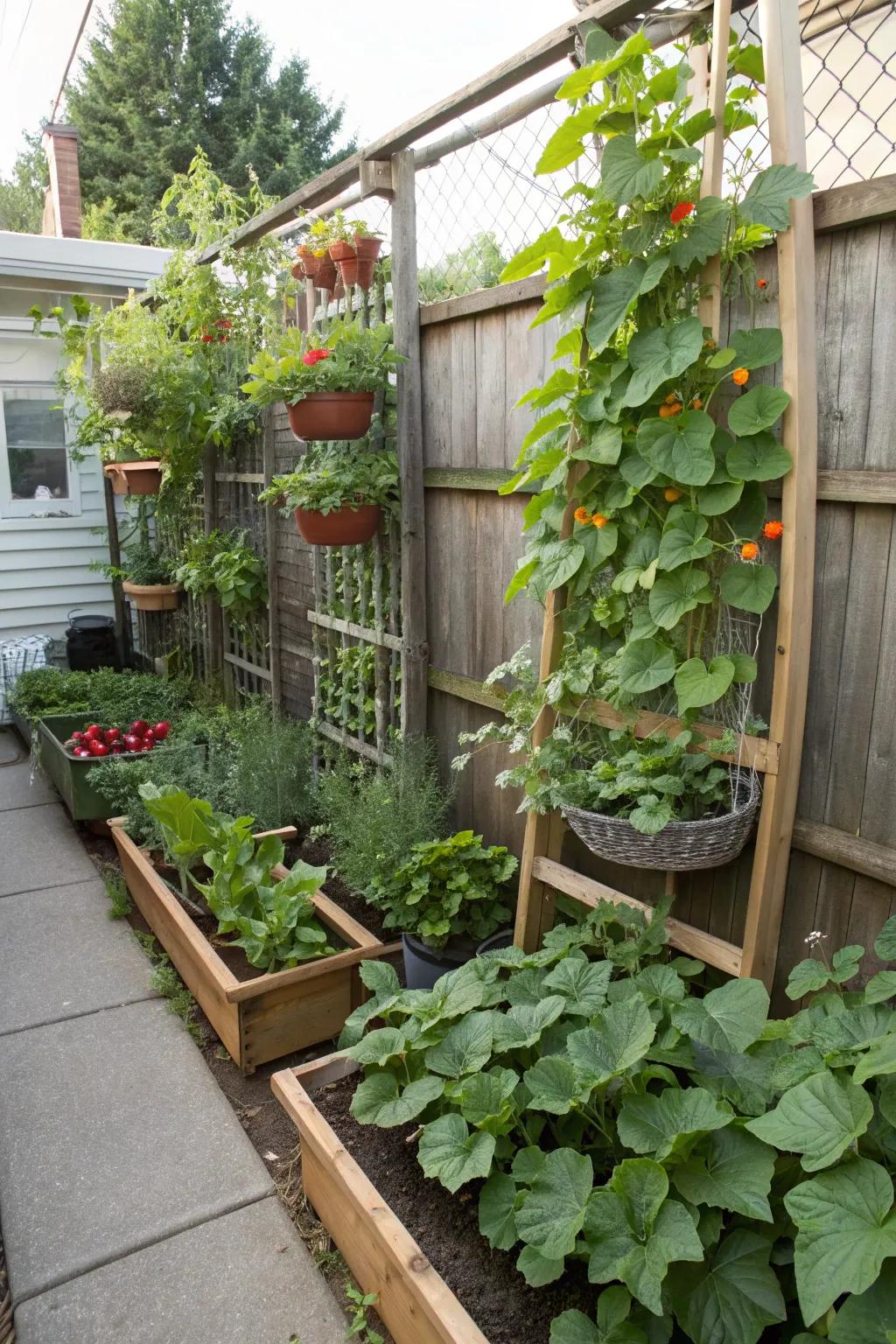 Vertical gardening maximizes space in small garden areas.