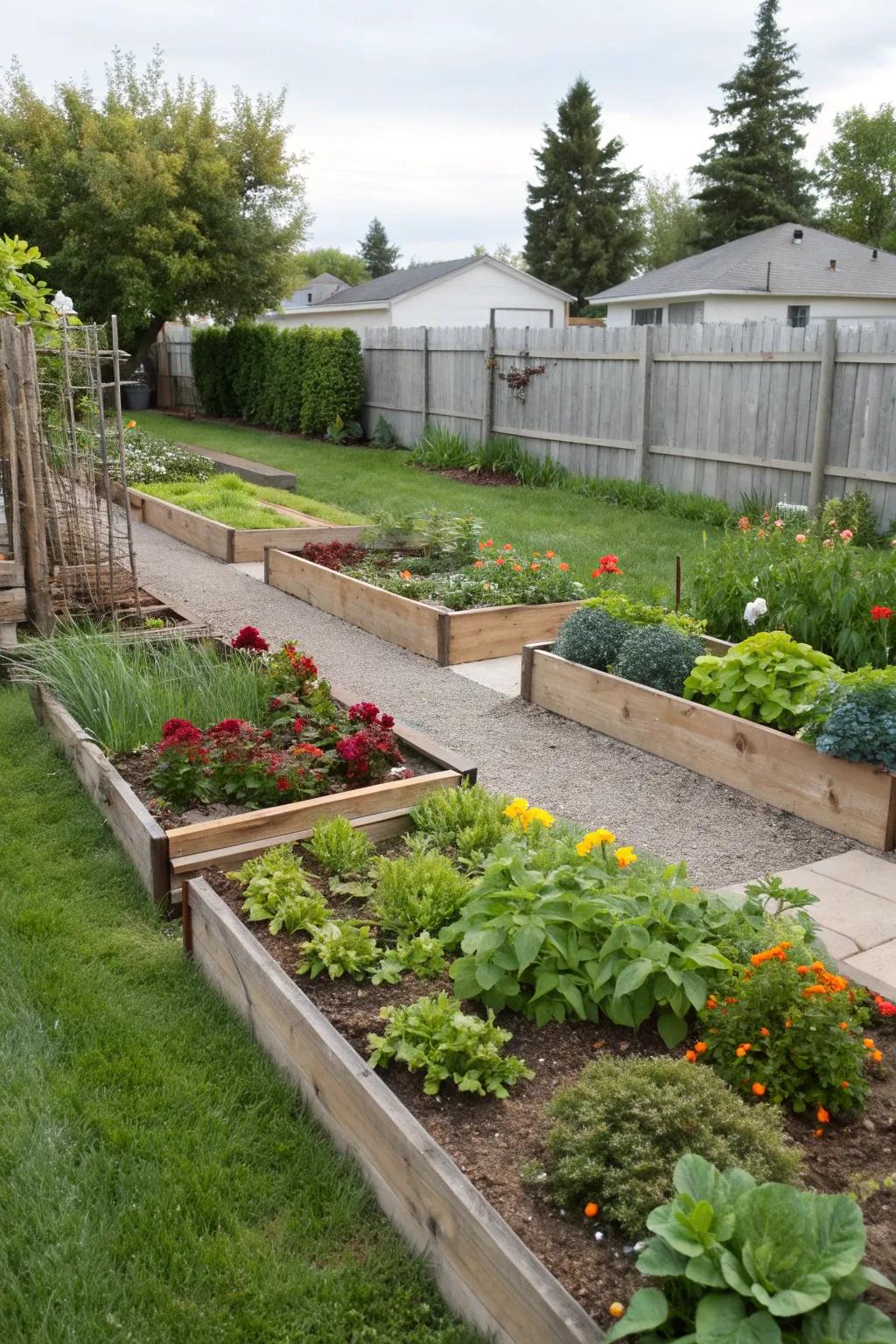 Raised beds offer a tidy and organized vegetable garden layout.