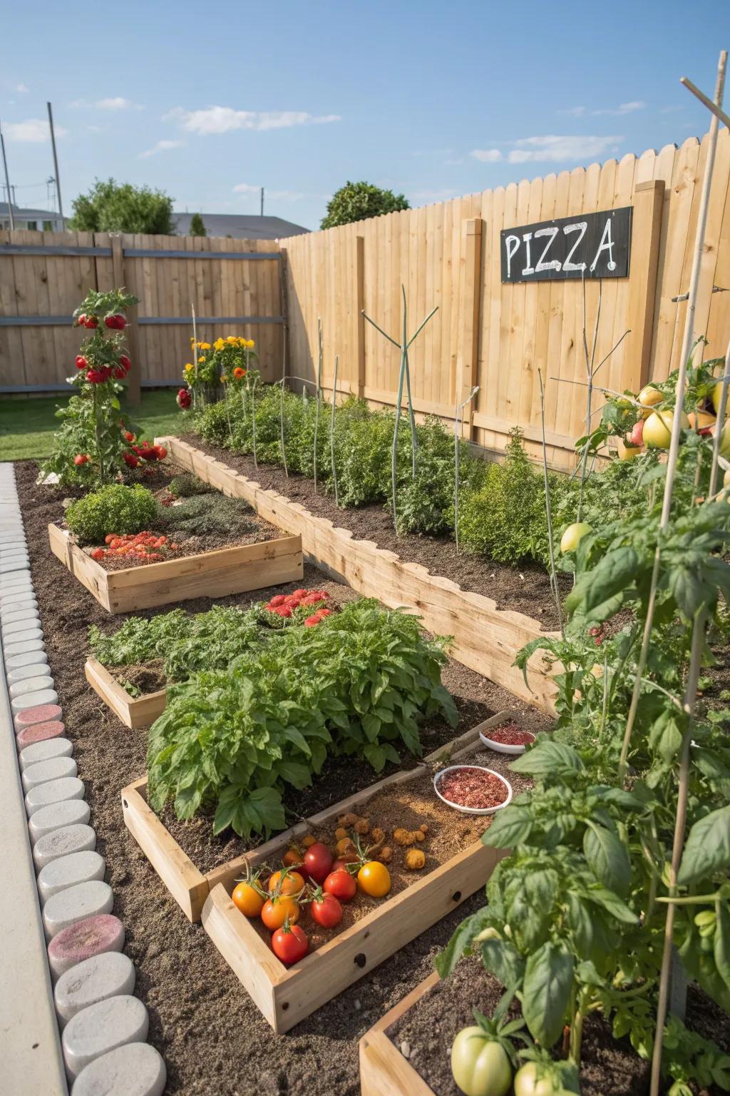 Themed gardens like a pizza garden add fun and functionality.