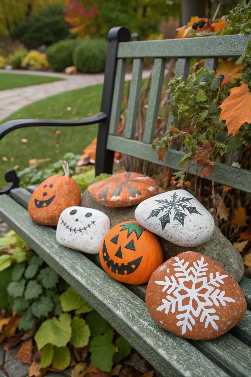 Embrace the changing seasons with themed painted rocks.