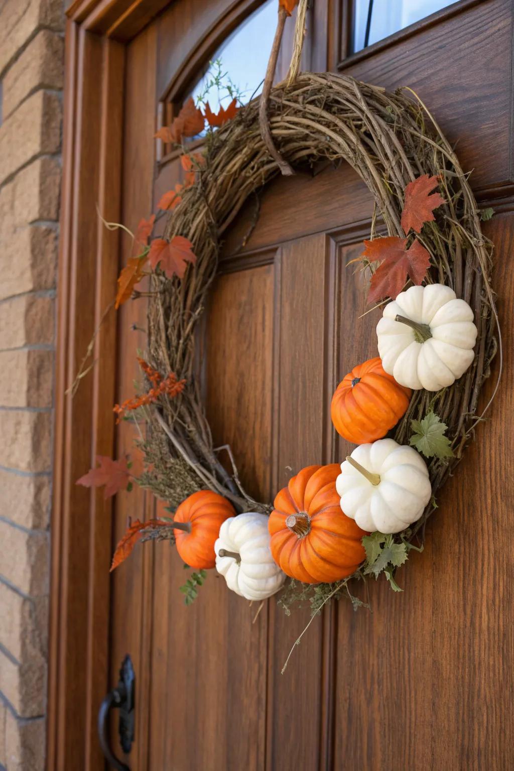 A classic pumpkin wreath for a timeless Halloween look.