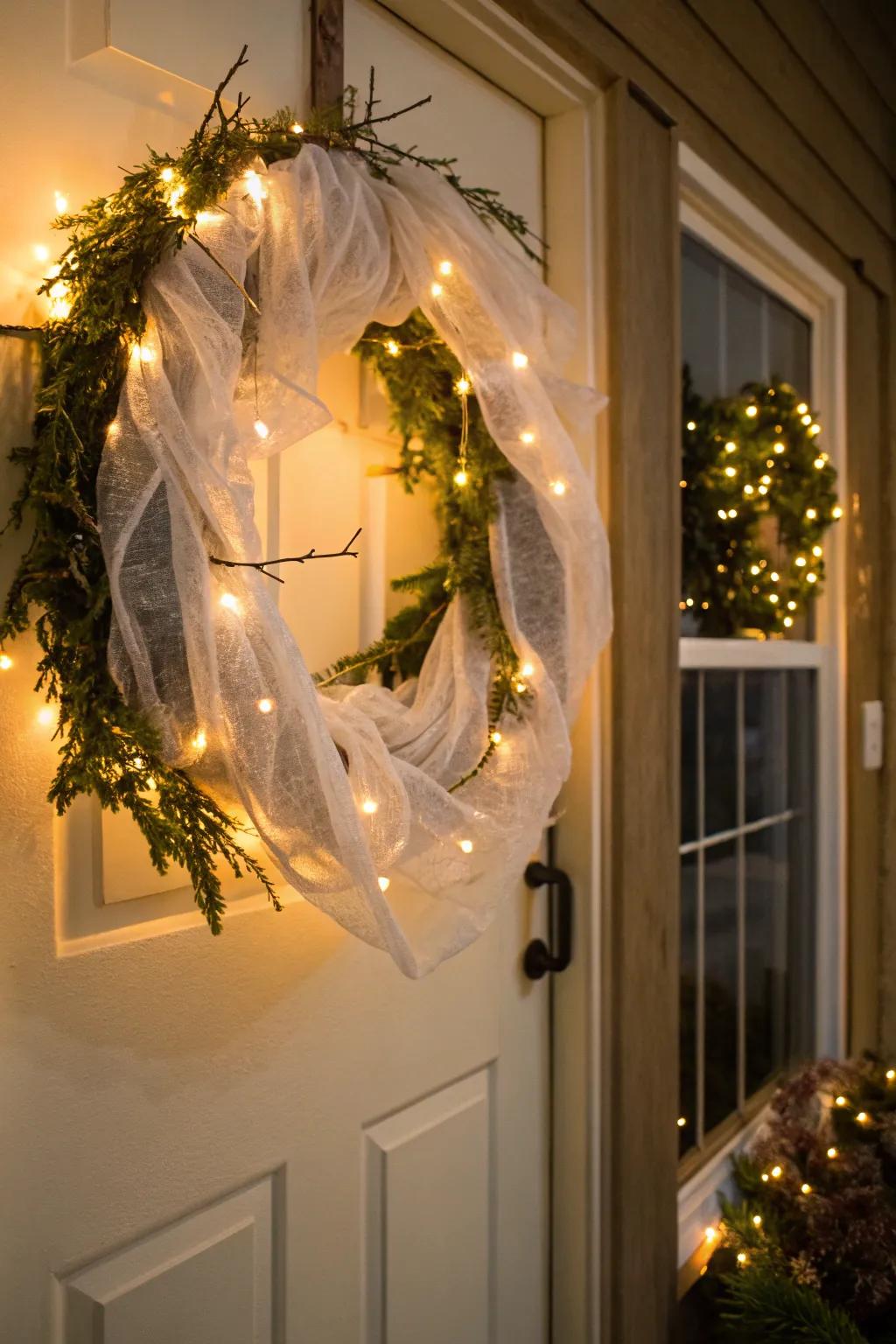 A ghostly glow wreath creates an eerie ambiance.