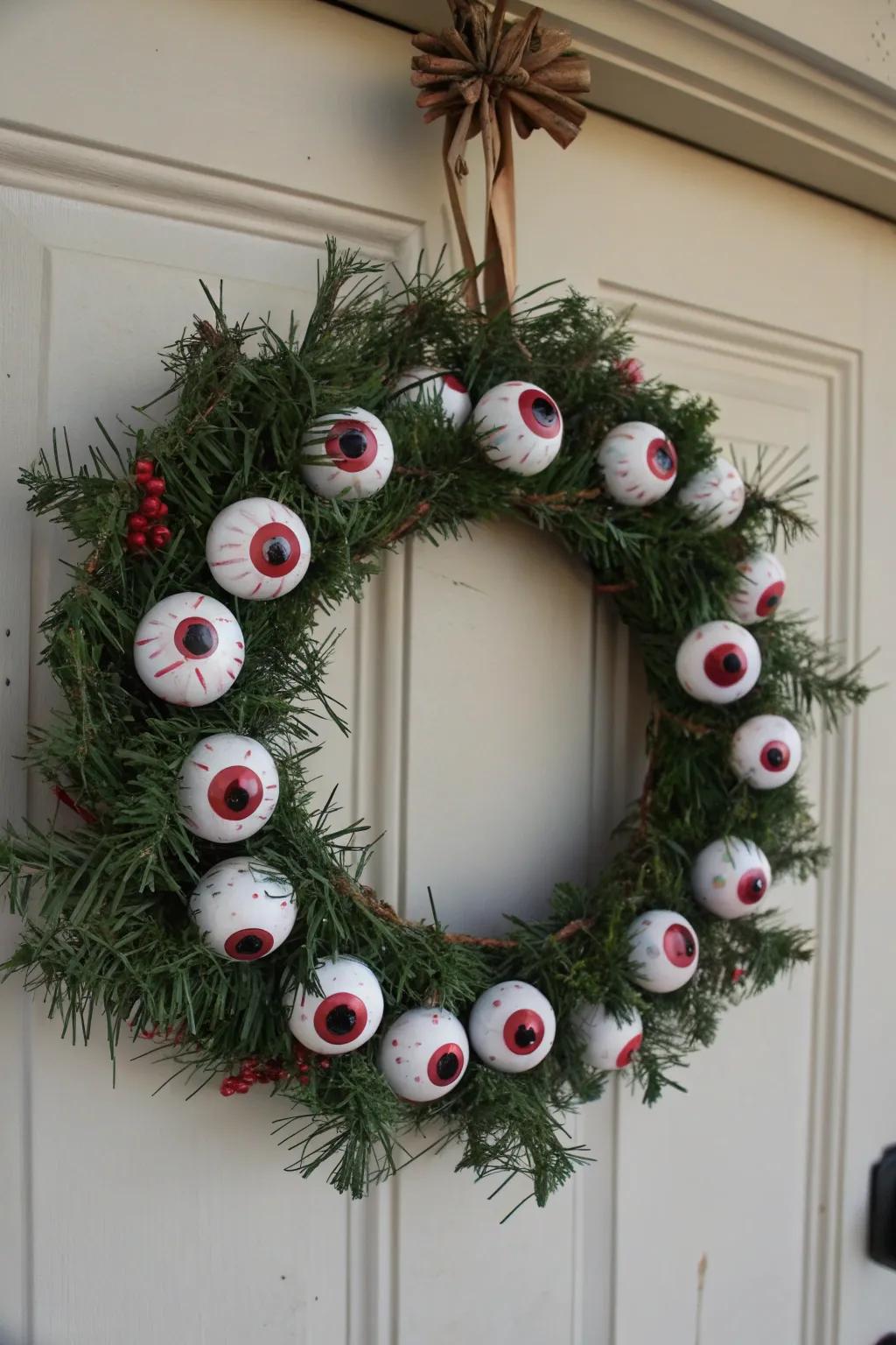 Eerie eyeballs add a playful twist to your Halloween wreath.