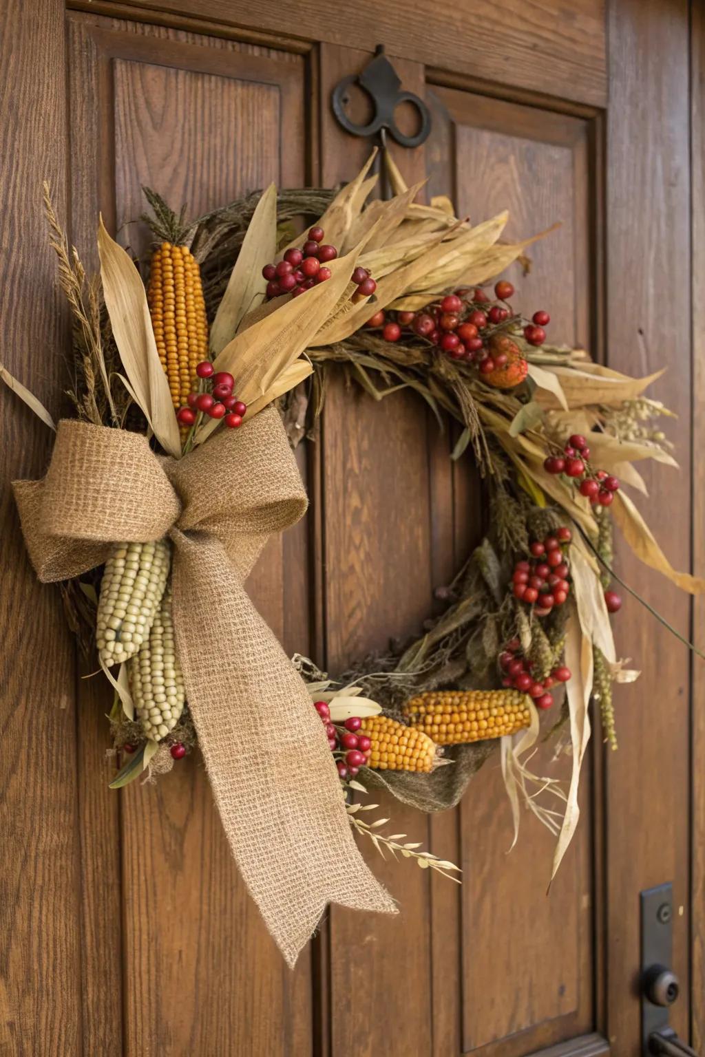 Rustic autumn wreath combines fall charm with Halloween spirit.