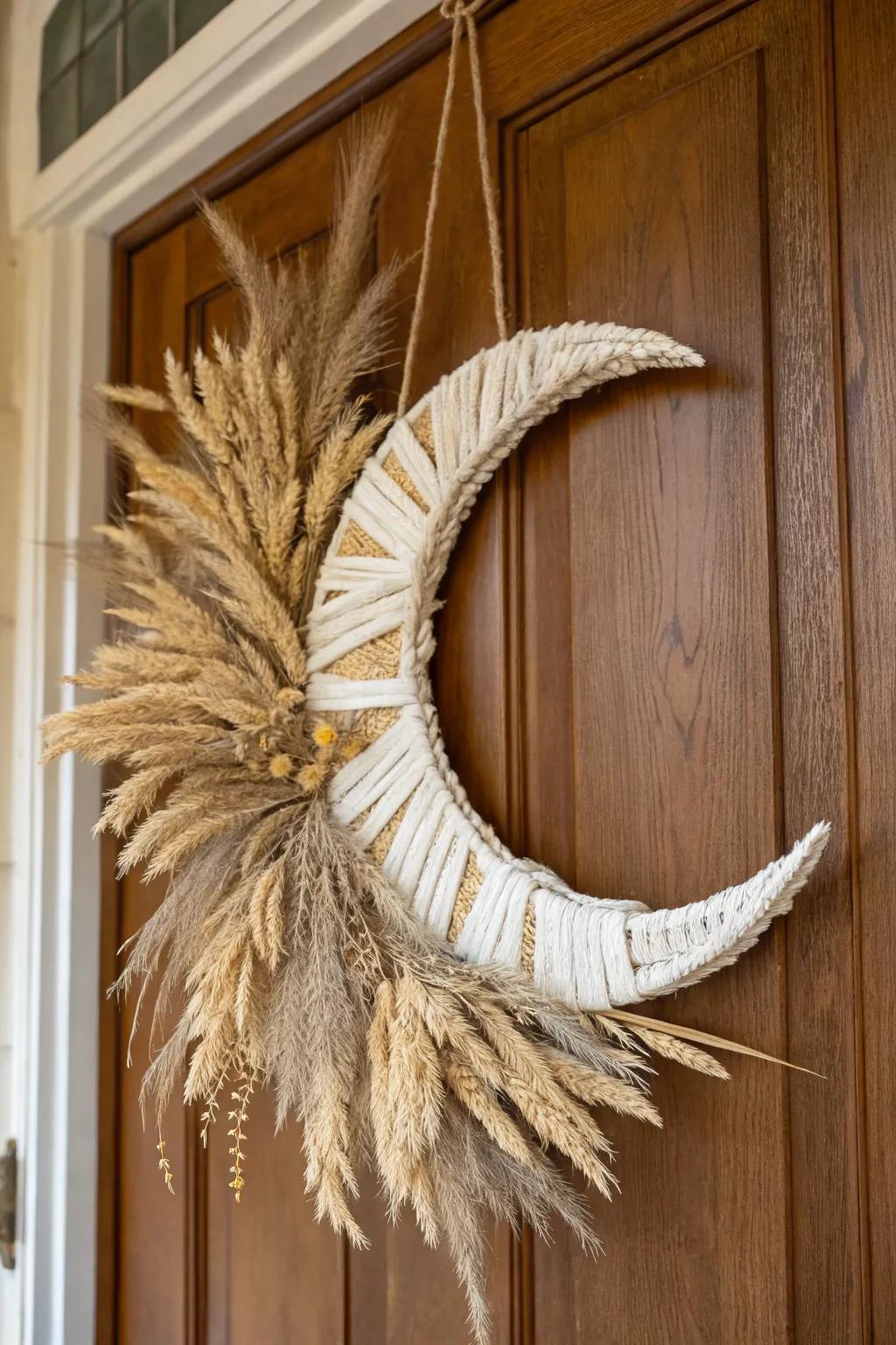 Harvest moon wreath blends fall harvest with Halloween.