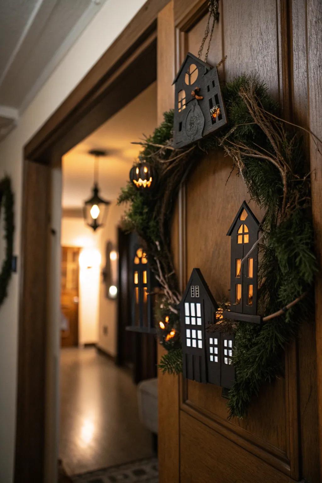Haunted house cutouts create a chilling charm on this wreath.