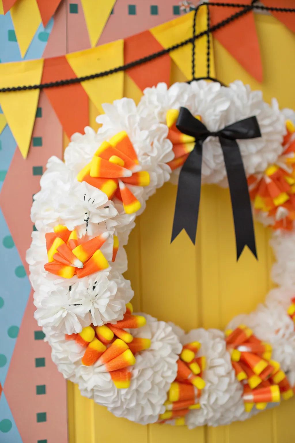 Candy corn ribbons bring a sweet touch to Halloween decor.