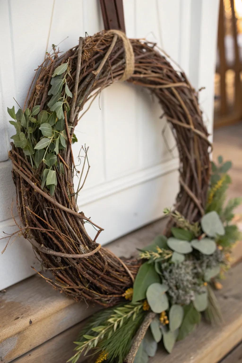 Broomstick magic wreath adds a whimsical witchy theme.