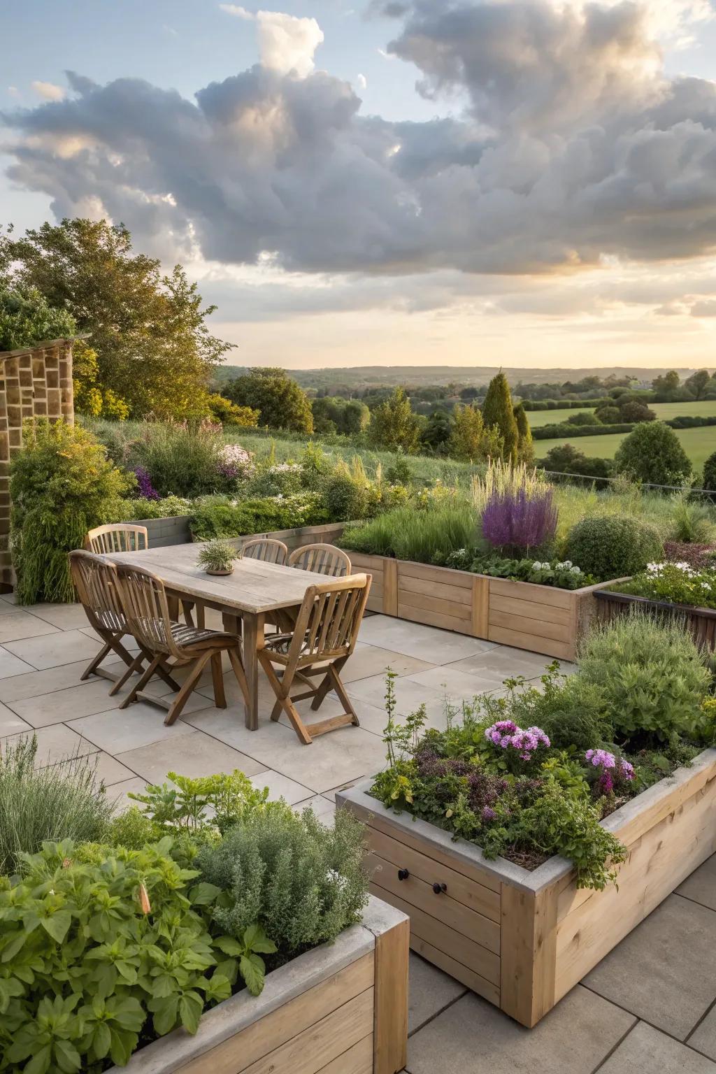 Multi-functional spaces blend relaxation with practical gardening.