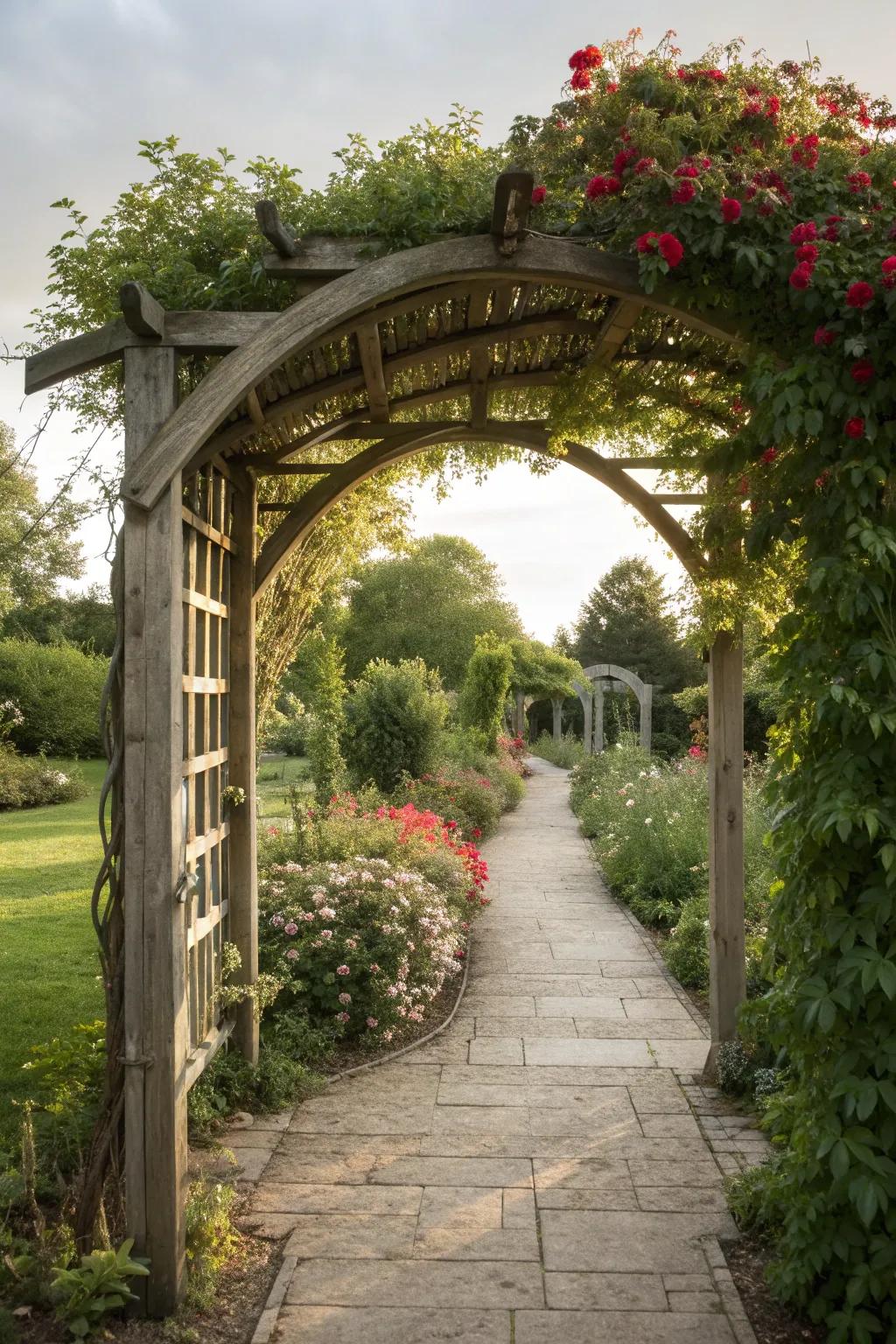Wooden arches add a graceful entrance to different garden zones.