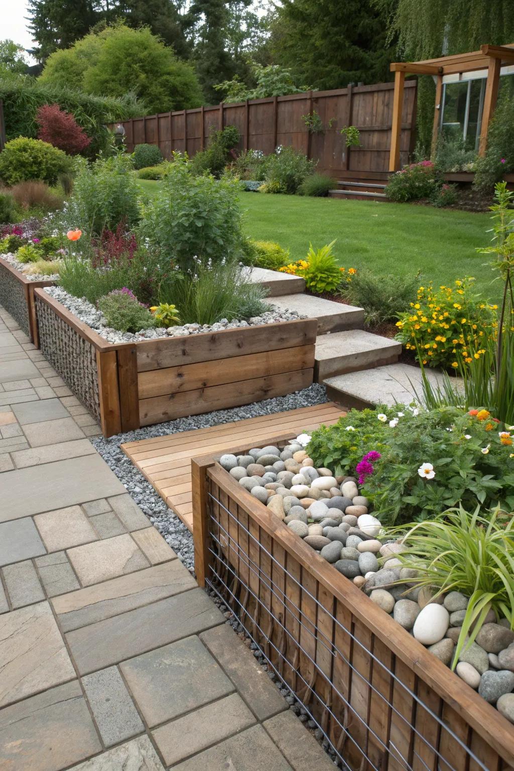 Mixed material borders add texture and character to garden spaces.