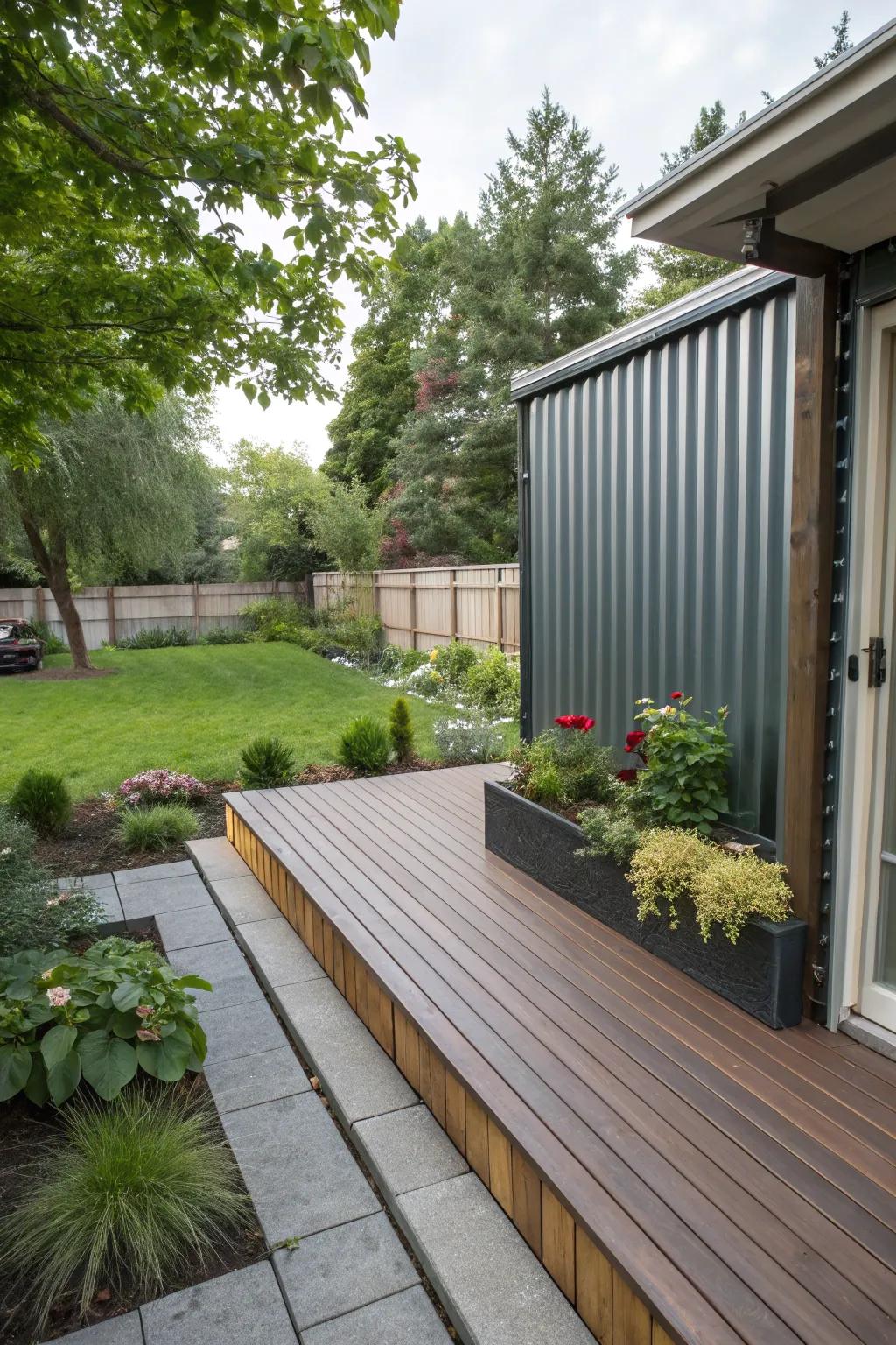 Corrugated metal panels provide a durable and modern skirting option.