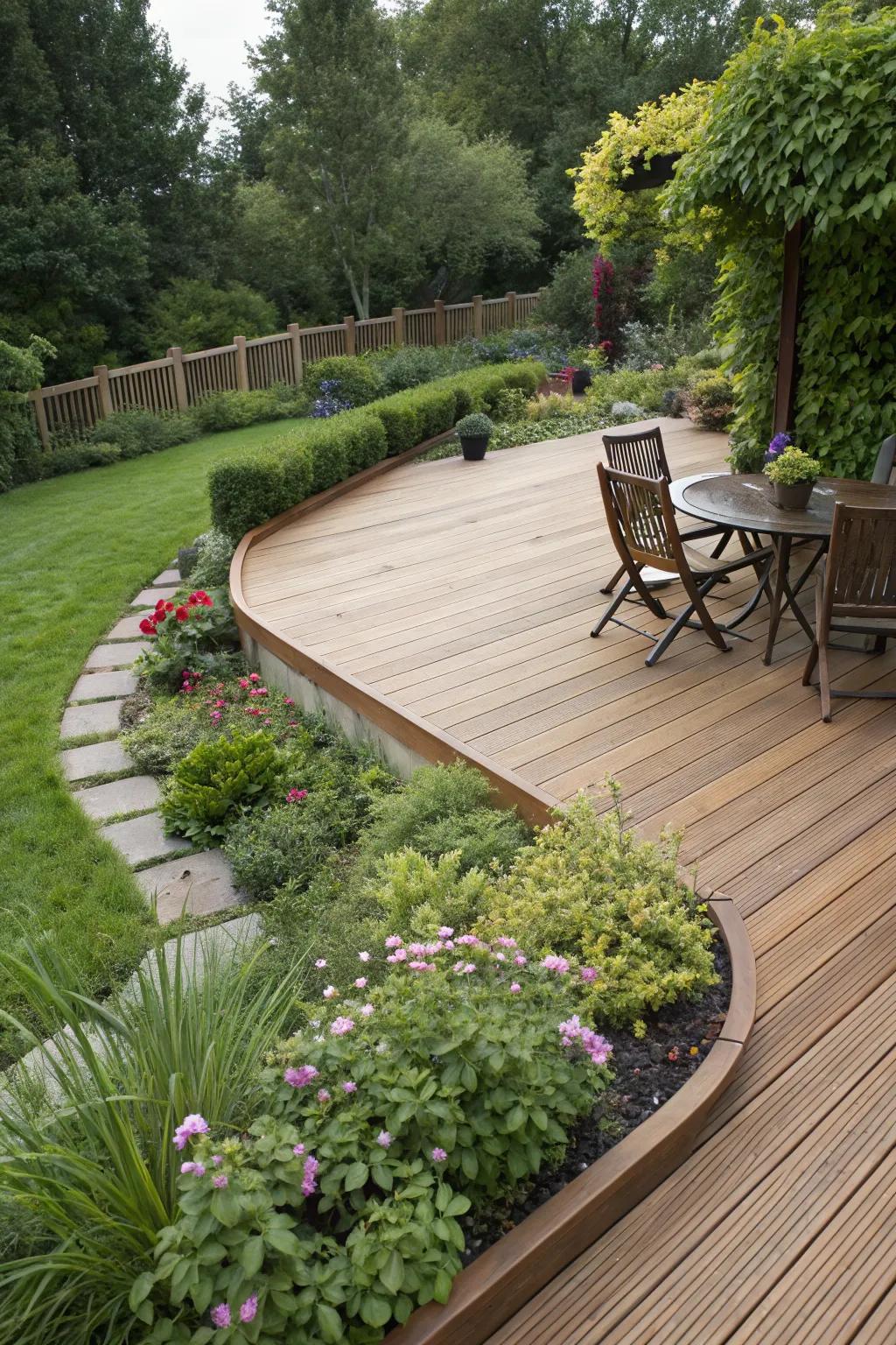 Landscape edging and plant lines provide a natural integration for your deck skirting.