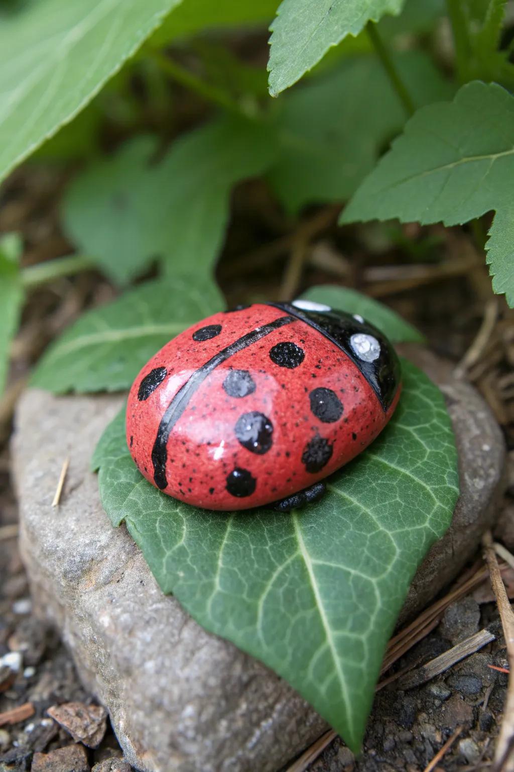 Adorable ladybug rock adding charm to any natural setting.