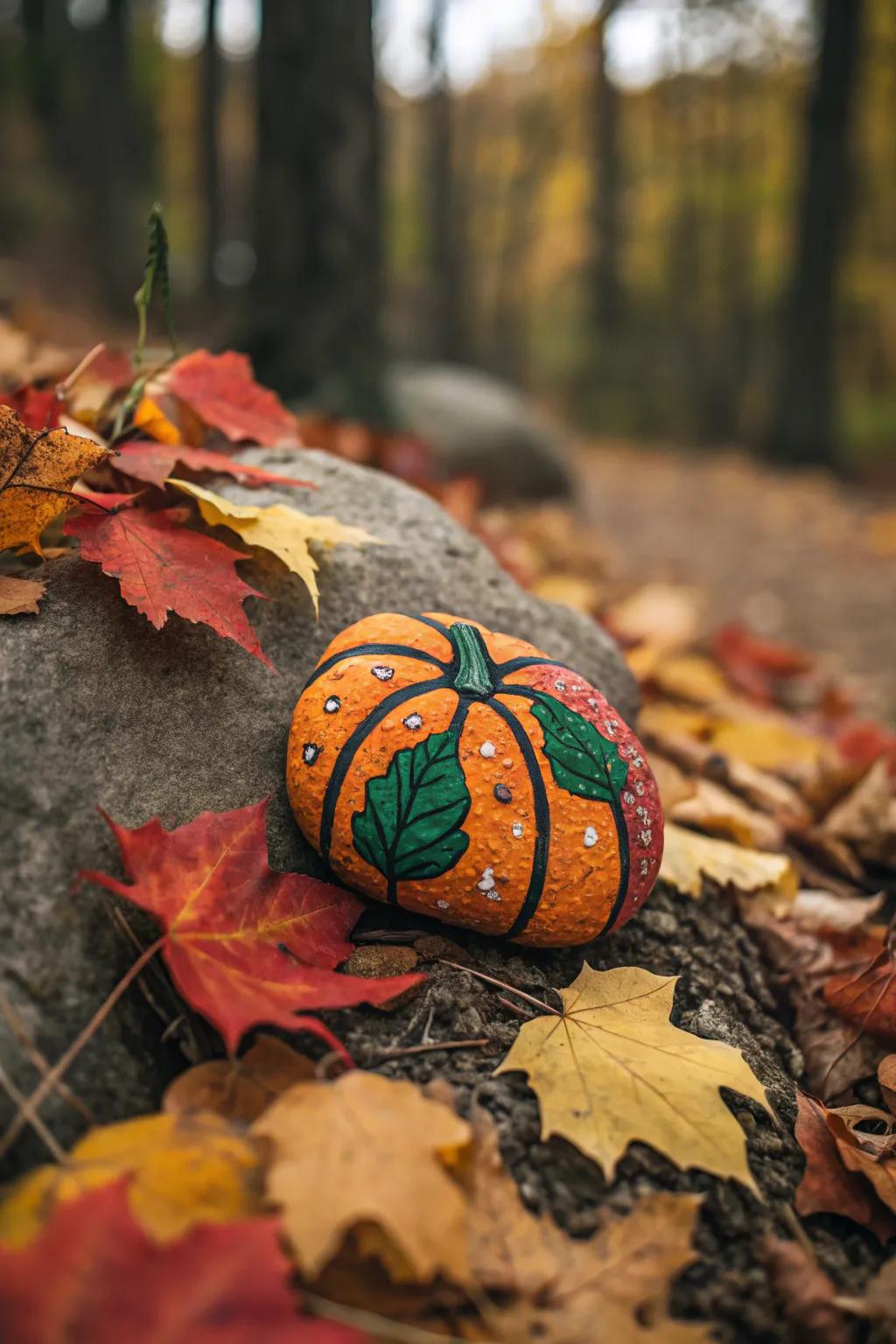 Seasonal pumpkin rock bringing autumn vibes to the garden.