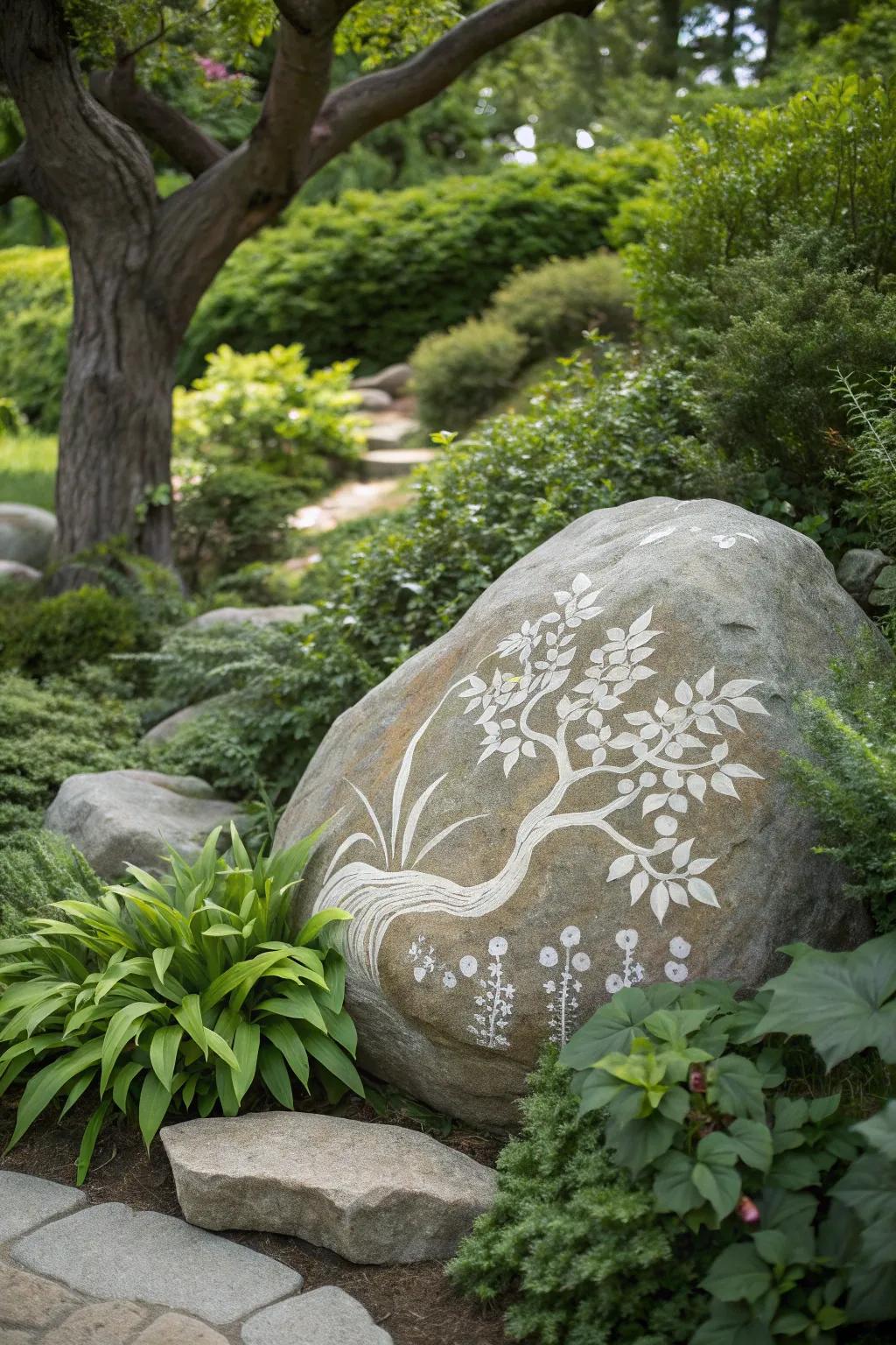 Nature-inspired rock art enhancing the garden's natural beauty.