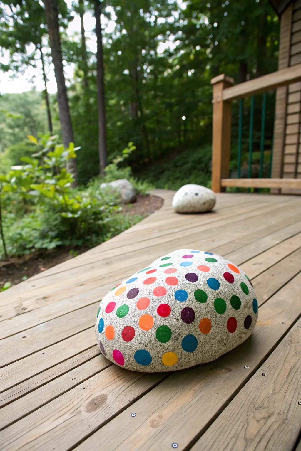Colorful polka dot rock, adding a fun element to outdoor decor.