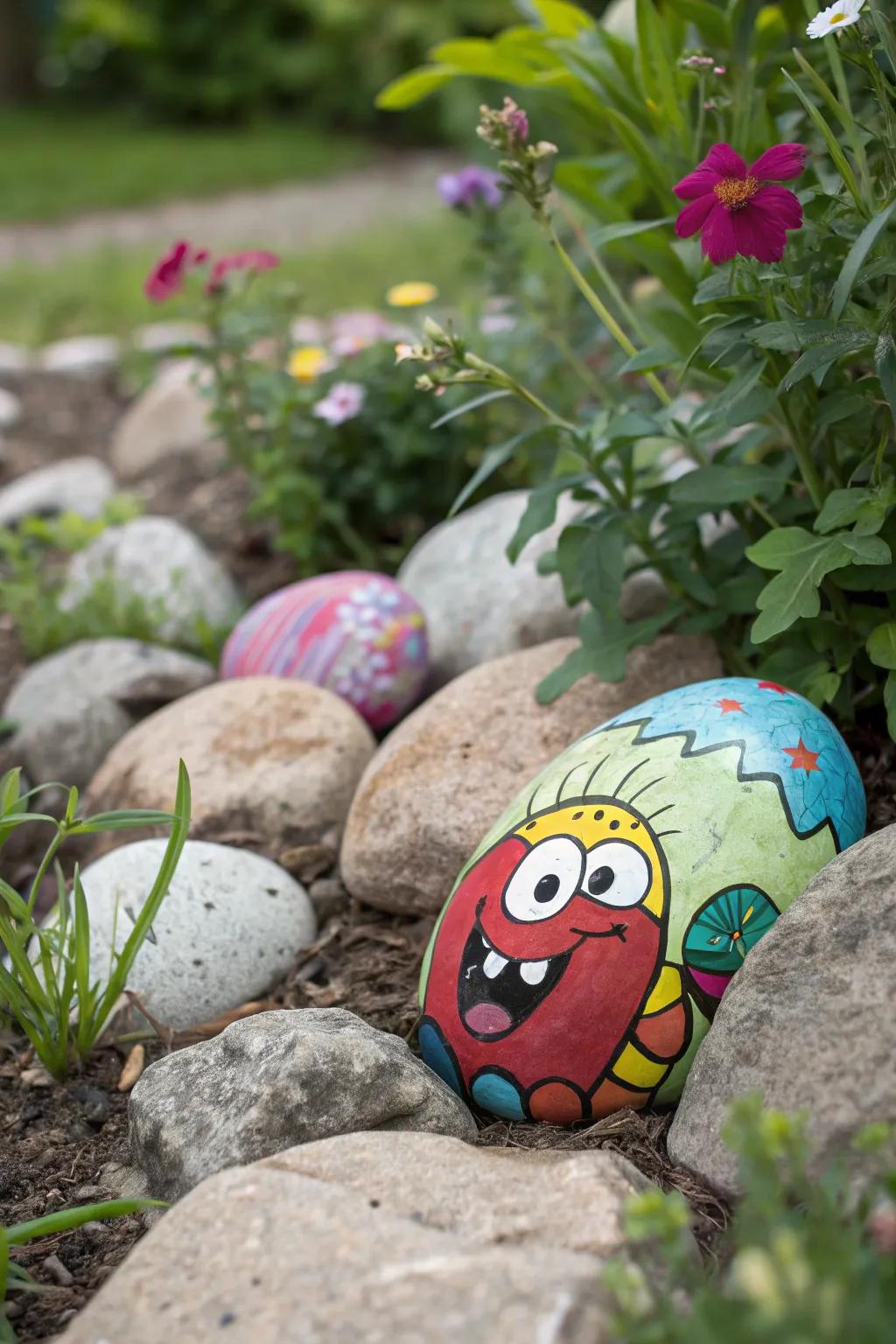 Fun cartoon character rock, perfect for a playful garden setting.