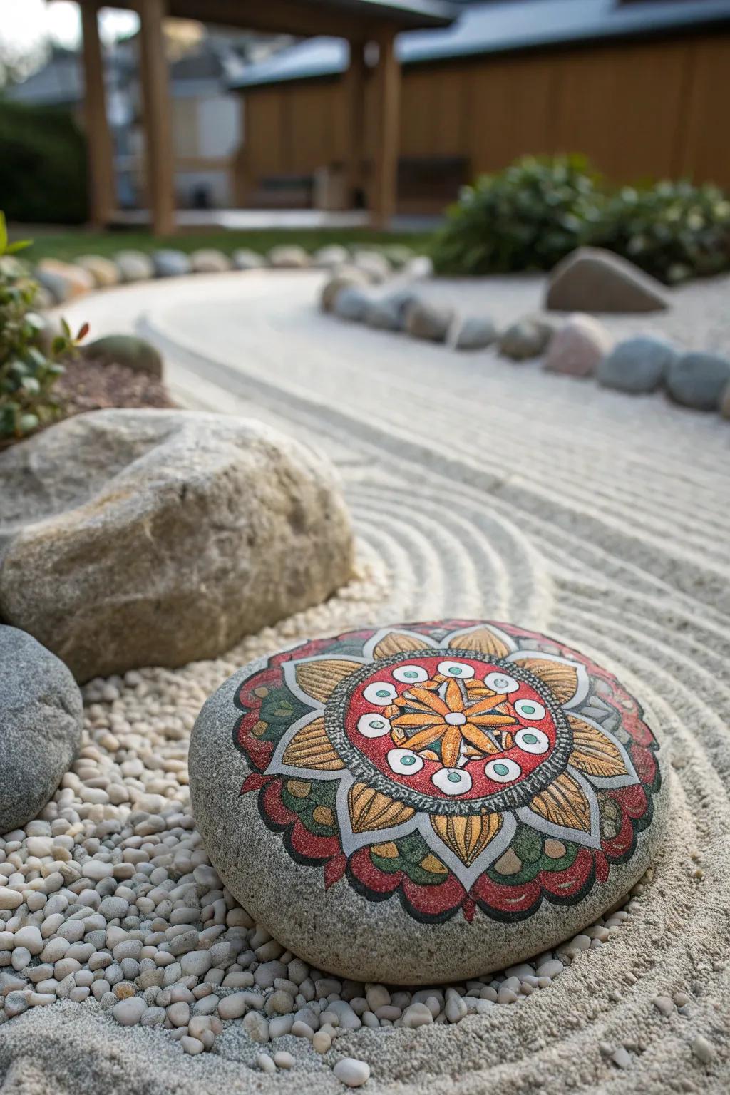 Mandala rock adding a touch of tranquility to the garden.