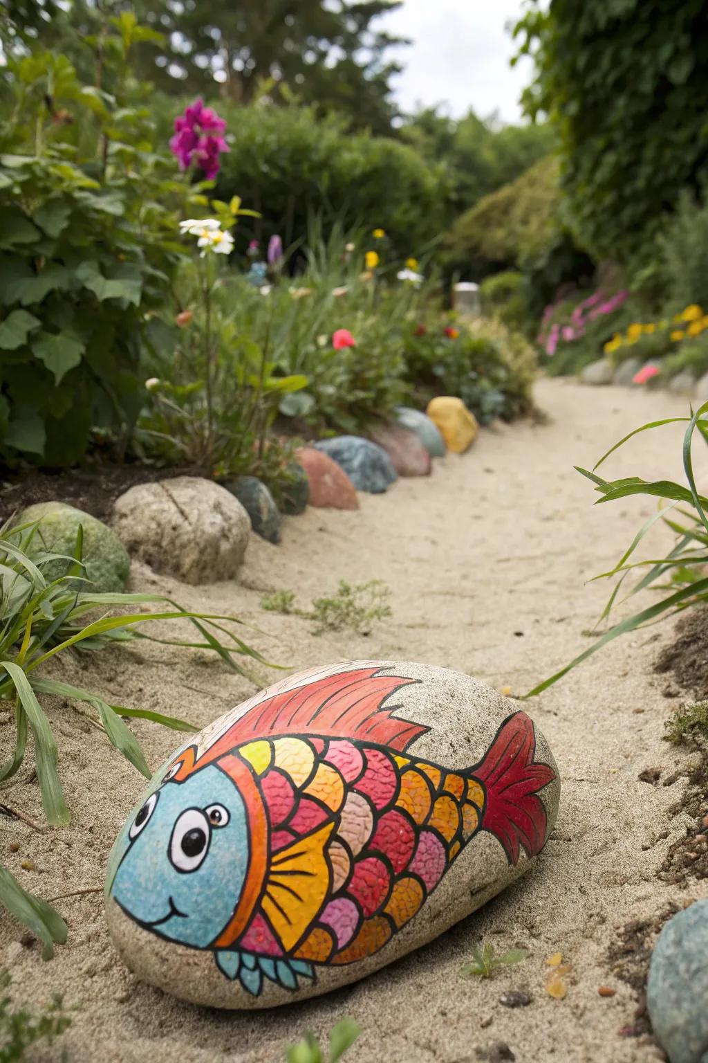Ocean-inspired rock art bringing a splash of color to the outdoors.