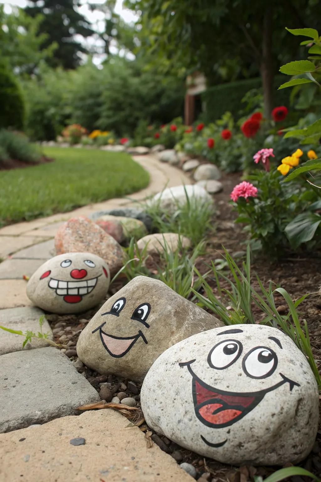 Whimsical face-painted rocks adding humor to garden paths.